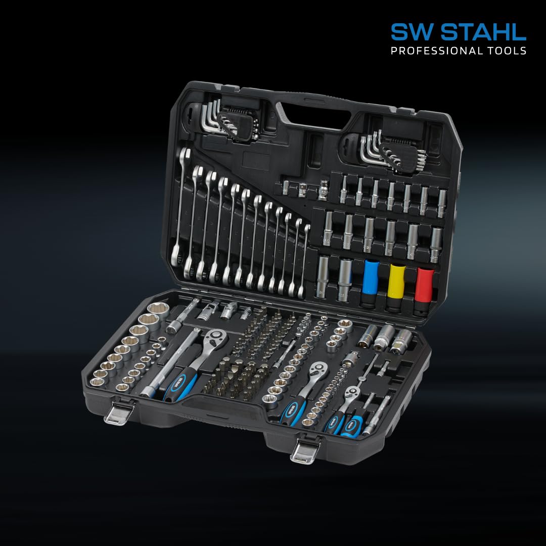 SW-Stahl Jeu de Clés à Douilles, Cliquet et Coffret d'Outils, 176 Pièces | Outils en acier chrome-vanadium pour carrés d'entraînement 1/4", 3/8" et 1/2", idéal pour l'entretien de votre véhicule