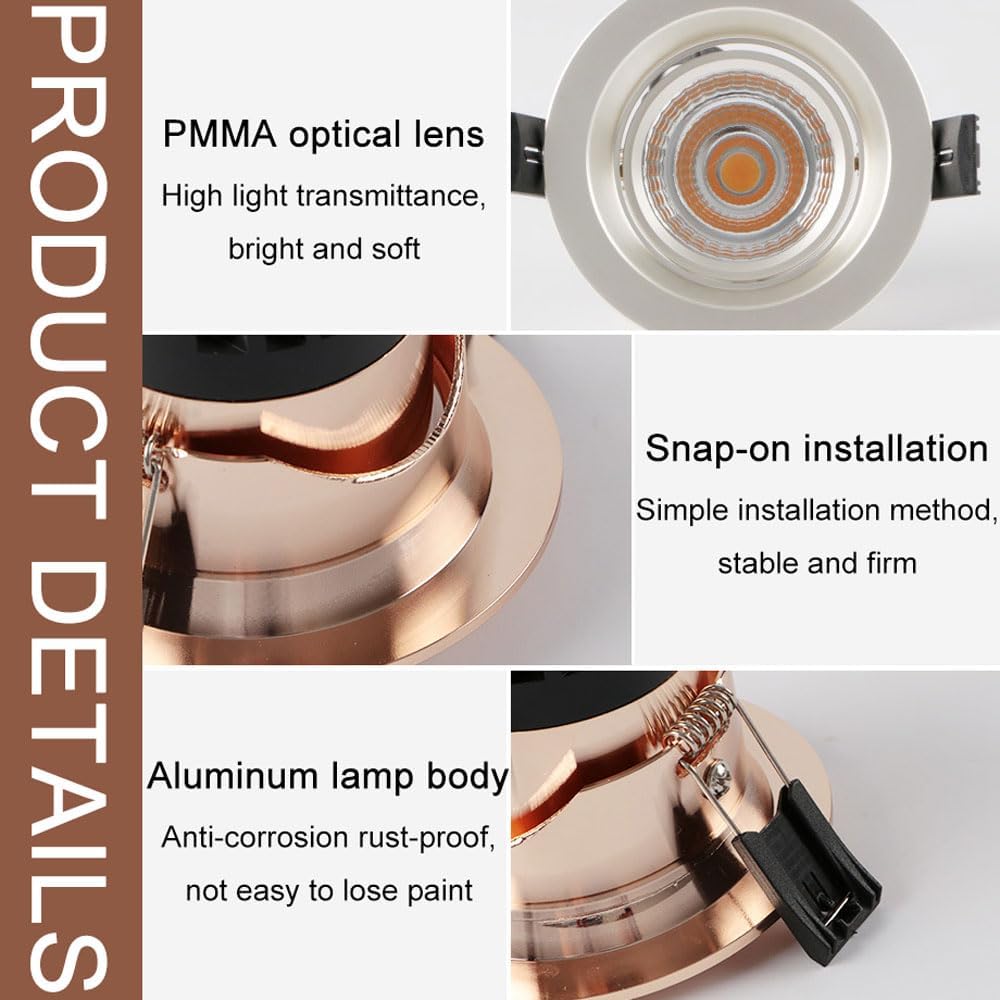 Adjustable Angle Spotlights, Gold LED Recessed Ceiling Light, 7W Retrofit Eyeball Downlight, Round 3 Color Temperature Adjustable Ceiling Lighting for Stair Kitchen Office 4 Pcs