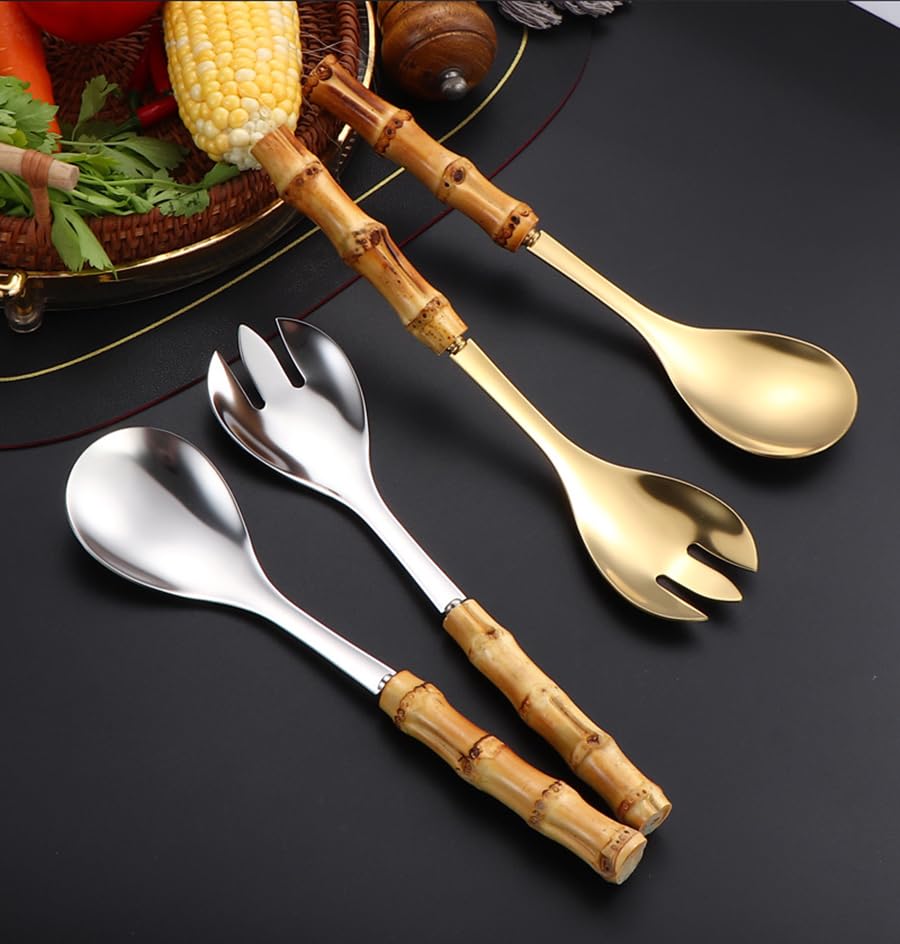 Juego de 4 cucharas y tenedores de ensalada, cuchara de servir de mango largo, tenedor, mango de madera de bambú, vajilla de cocina de acero inoxidable para mezclar frutas, pasta, ensalada, juego de