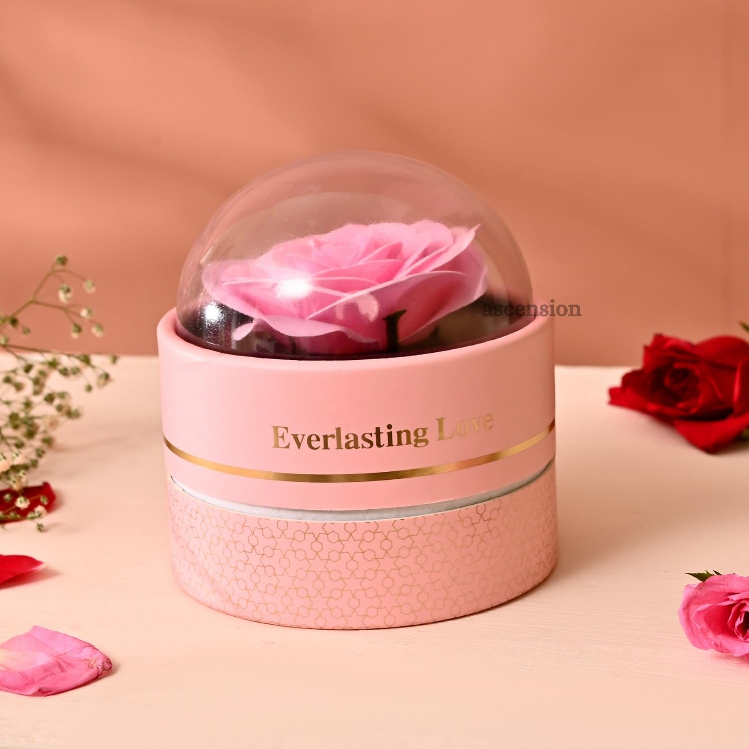 Ascension Everlasting Love Eternal Rose Gift Box Dome Display Romantic Flower Best Valentine Gift for Girlfriend Love Showpiece for Birthday Anniversary Proposal Home Office Décor (Pink)