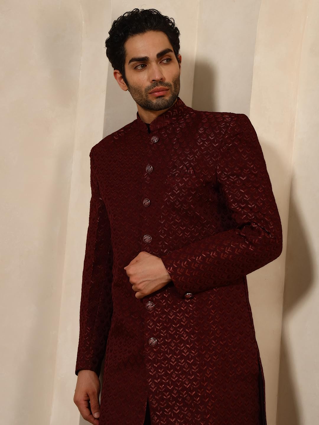 Pro-Ethic Style Developer Jacquard Indo-Western Set with Floral Design Embroidery Long Jacket for Men (C-132) - Image 4