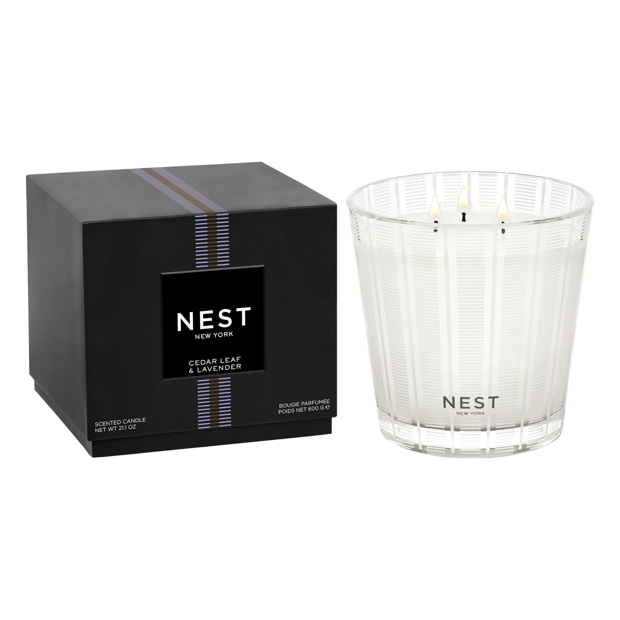 NEST New York Scented 3-Wick Candle, Cedar Leaf & Lavender - 21.2 oz - Up to 100-Hour Burn Time - Reusable Glass Vessel