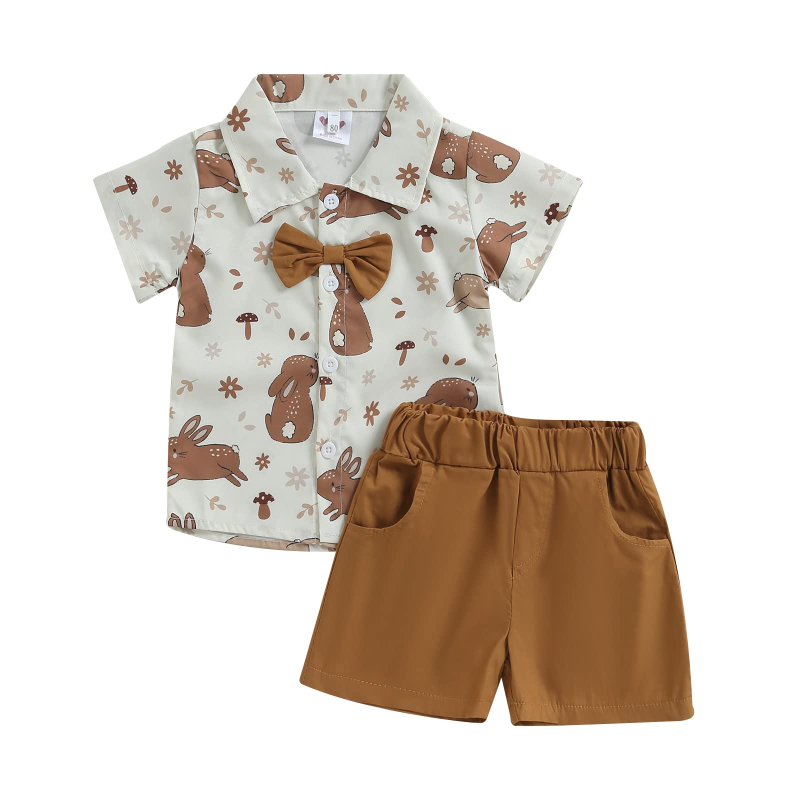 Kayotuas Toddler Baby Boy Clothes Summer Cute Prints Short Sleeve Button Down Shirt & Shorts Set Infant Gentleman Outfits (Ribbit Print Brown, 3-4 Years)