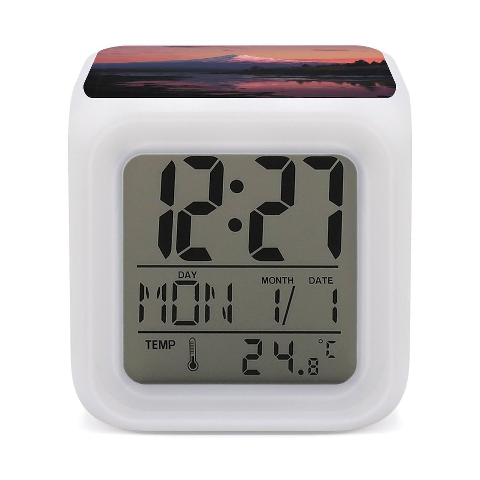 JTREHY Sunset Landscape Mountains Lake Alarm Clock Digital Dimmable Clock for Bedroom LED Display Screen Mini Clocks 7 Color Dimmable Night Lights Time-to-Rise Alarm Clocks for Office Living Room
