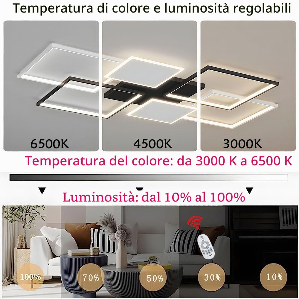 LIUYU Lampadari LED Soffitto Rettangolare Dimmerabile 90x60cm Nero-Bianco | Lampadario soggiorno led con telecomando 68W luce regolabile 3000K-6500K Alluminio Acrilico per Soggiorno Camera da Letto