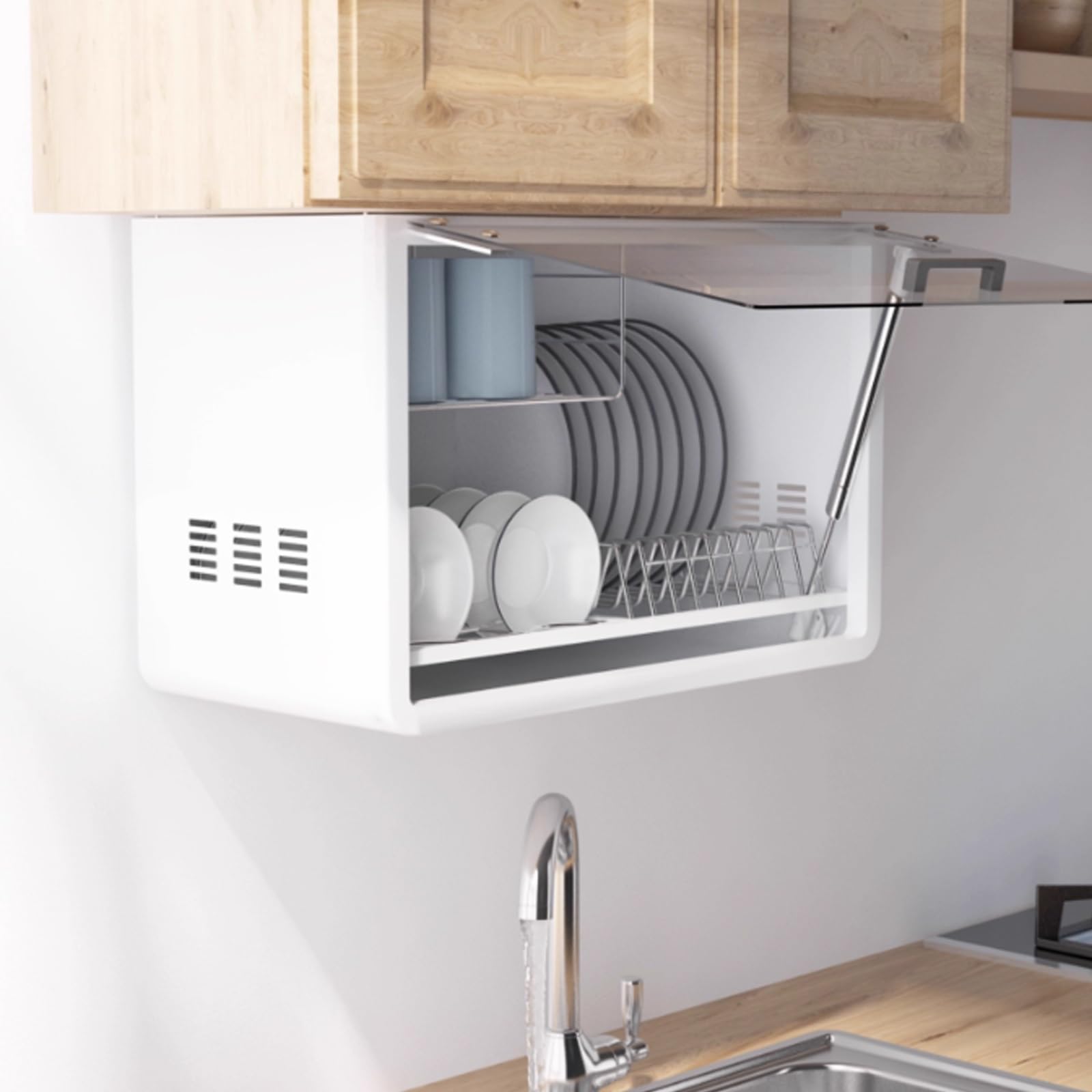 Mobiletto da Cucina a Parete di Grande capacità con Anta in Vetro temperato, portapiatti, scolapiatti e Porta Bacchette (Grigio)