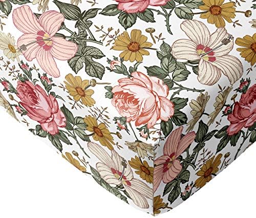 Crib Sheets for Girl - 100% Cotton Fitted Crib Sheet Set - Perfect for Baby Girls - Fits Standard Toddler Mattress (Vintage Bright Floral)