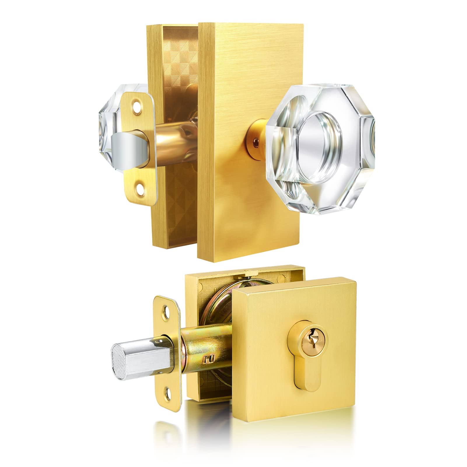 HIEMEY 1 Pack Single Cylinder Deadbolt Satin Brass + 1 Pack Passage Glass Door Knobs Satin Brass