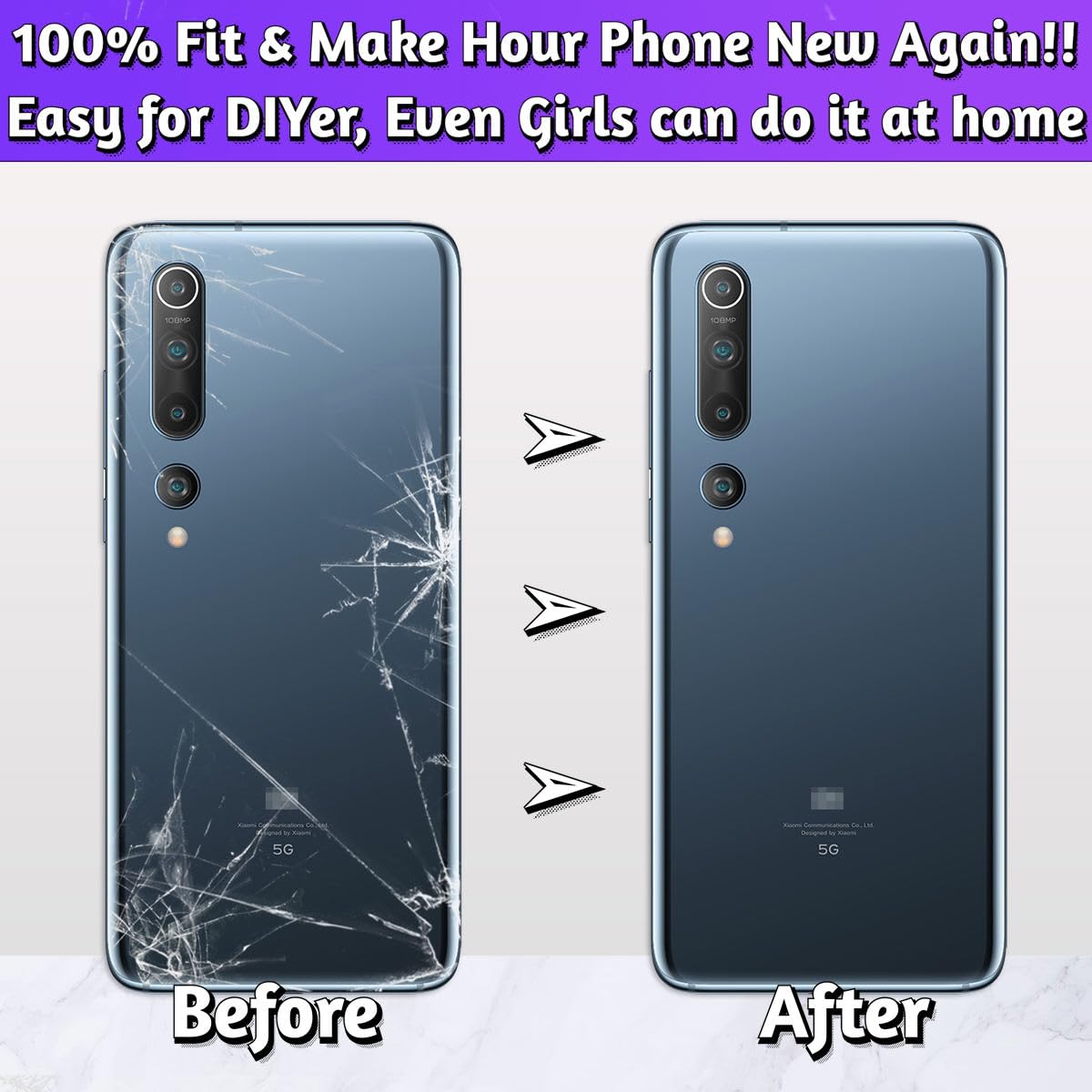 LUVSS Back Glass Cover Replacement Compitable for Xiaomi Mi 10 Pro Rear Cover + Repair Manual DIY Tools Kit (White) - Image 3