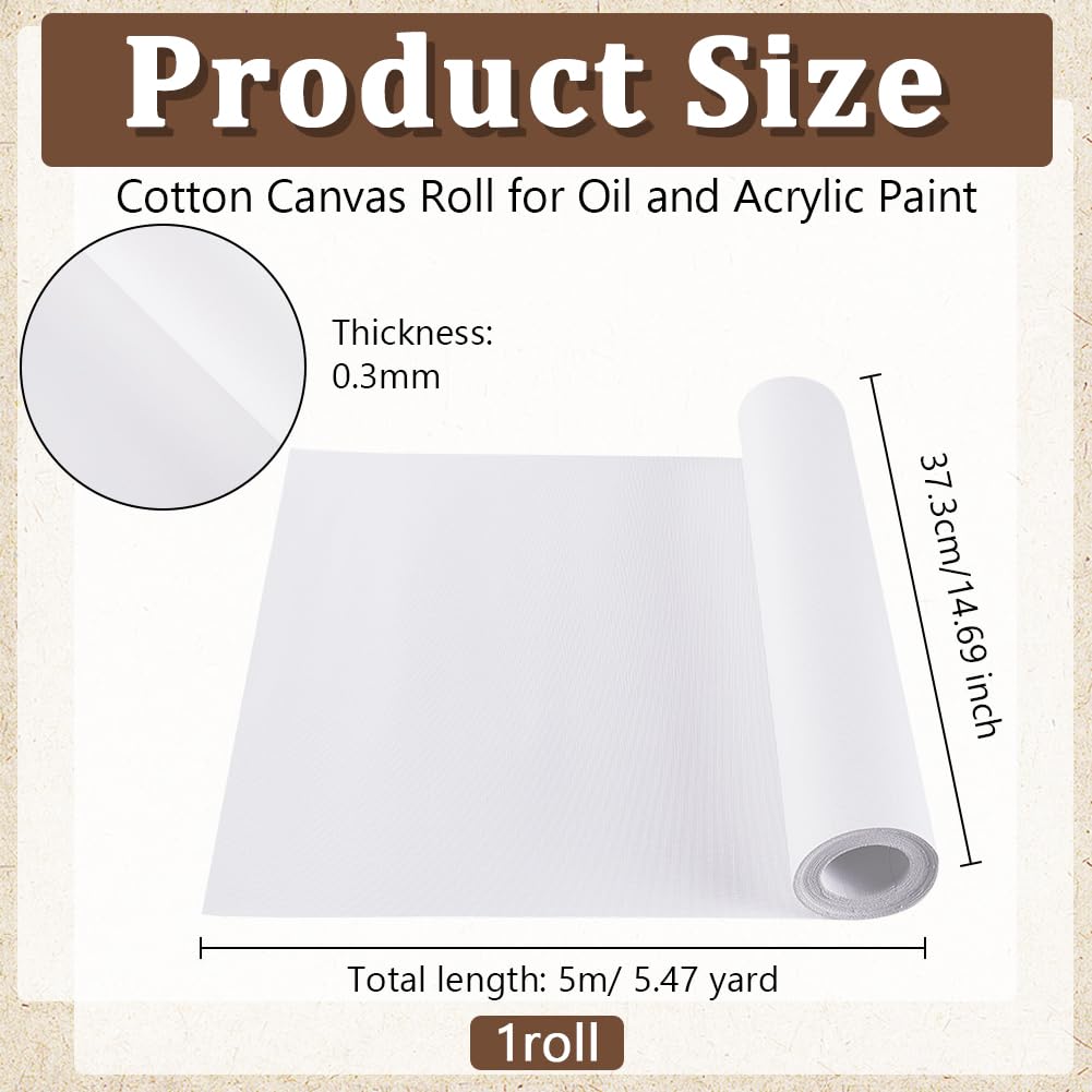 OLYCRAFT Rotolo di Tela Bianca da 37.3cm X 5 m Tela di Cotone con Doppio Primer Rotolo di Tela di Cotone Spesso 0.3mm per Pittura Carta da Gesso con Doppio Primer per Progetti Artistici con Pittura