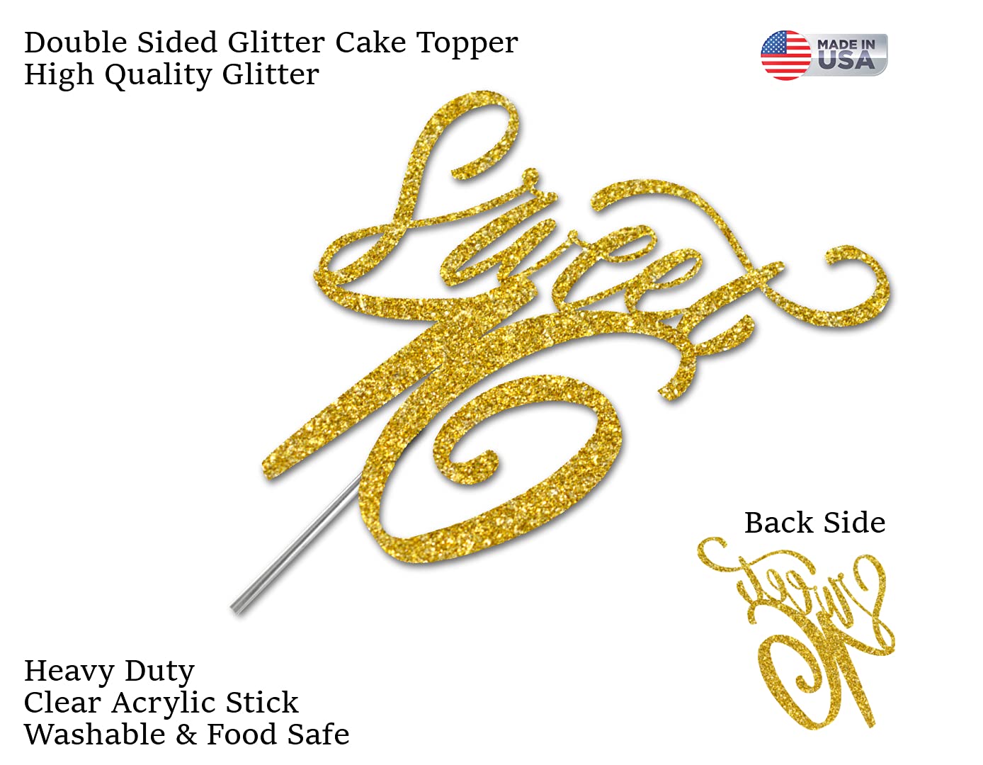Sweet 16 Gold Glitter Cake Topper – Doppelseitig Glitzernd, Aus Acryl, Ca. 13x13 Cm, Made In USA