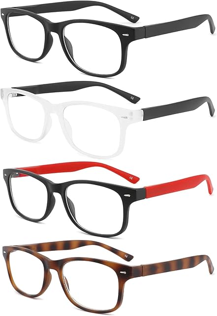 BOSAIL Blue Light Blocking Glasses,4 Pack Quality Fashion Square Frame Readers with Comfort Spring Hinge Eyeglasses for Men Women