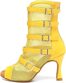 JUODVMP Women's Ankle Dance Boots Party Performance Ballroom Mesh and Leather Latin Dancing Peep Toe Shoes Model YCL575