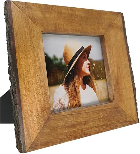 IKEREE Marcos de fotos rústicos de 4 x 4 con bordes de corteza natural, marco de fotos de madera marrón para montaje en mesa o pared