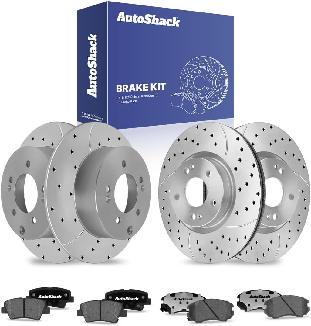 AutoShack Front Vented & Rear Solid Drilled & Slotted Coated Brake Rotors Black Matte Finish + Ceramic Pads 12-PC Brake Kit Replacement for 2012-2013 Kia Soul BlackShield