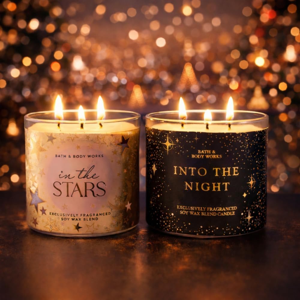 Bath & Body Works in THE Stars and INTO THE Night 3-Wick Scented Candle 2-piece Gift Set with a 40-inch Gold Metallic Ribbon Bow for Gifts & Holidays – 14.5 oz Each