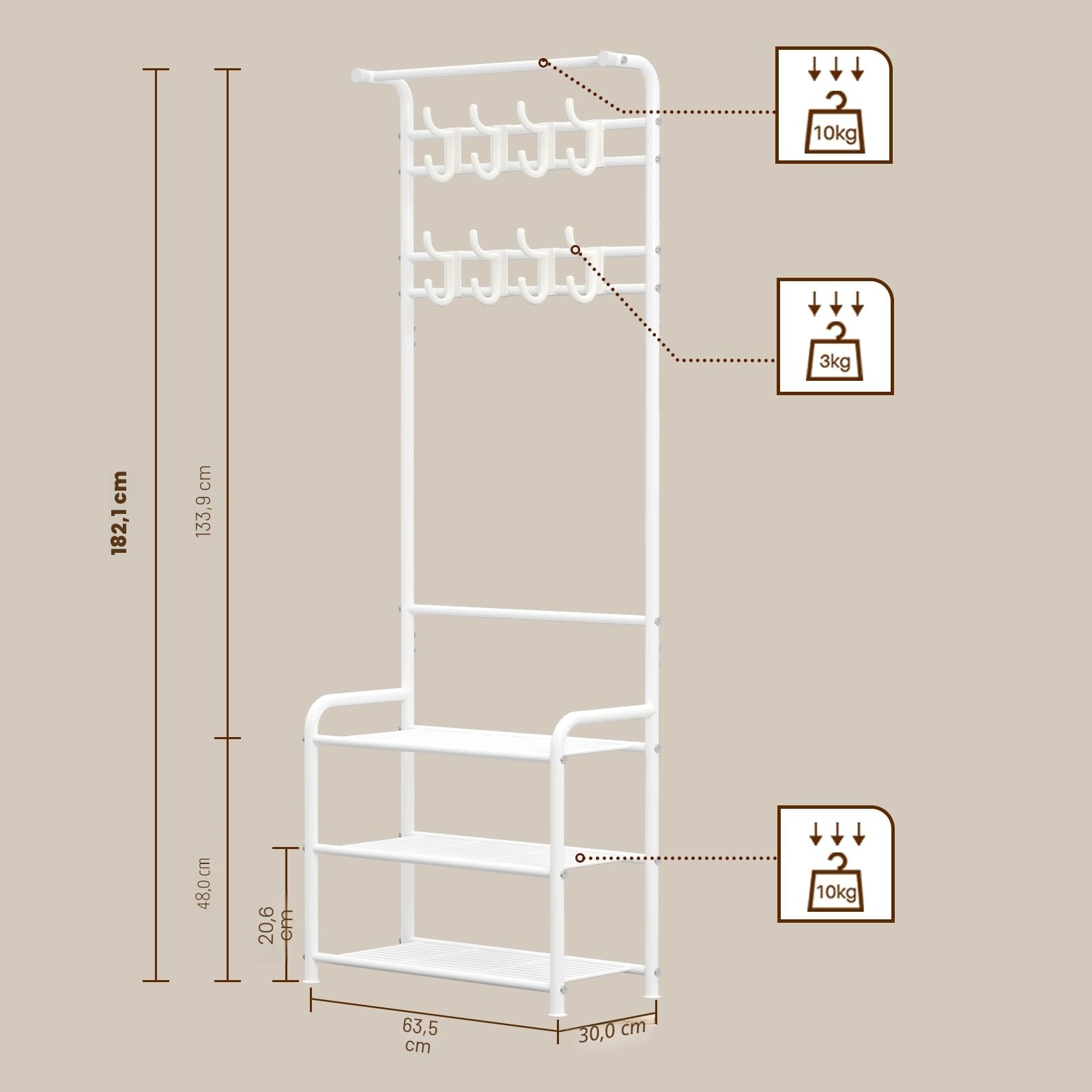 Innotic Appendiabiti con Scarpiera 3 in 1, 16 Ganci Rimovibile Attaccapanni | Stabile Appendiabiti Ingresso Salvaspazio, Mobile da Ingresso Moderno, Appendiabiti da terra per Camera letto, Bianco