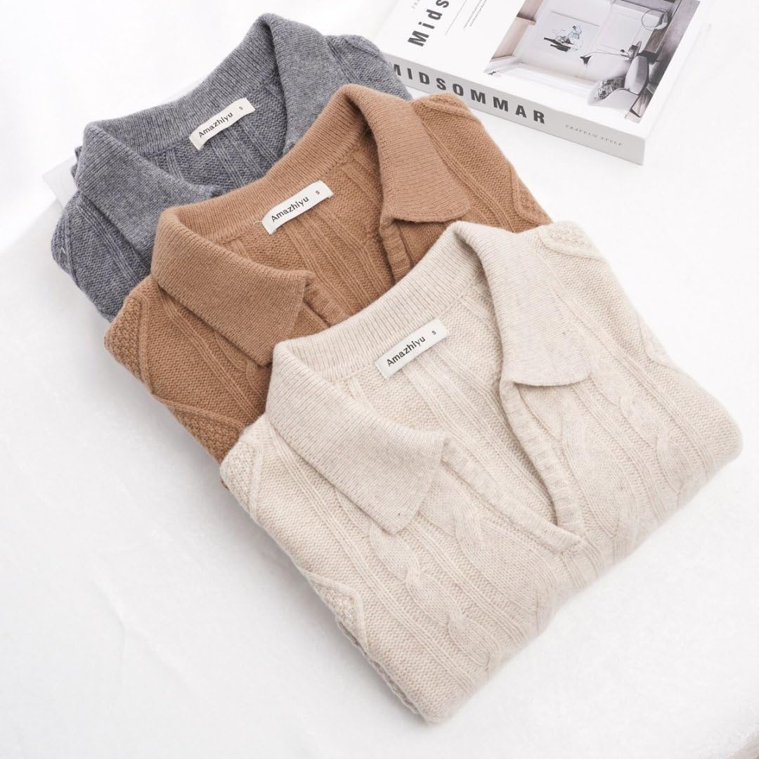 Amazhiyu Women's 100% Wool Cable Knit Crop Sweater V-Neck Long Sleeve Pullovers - Image 7