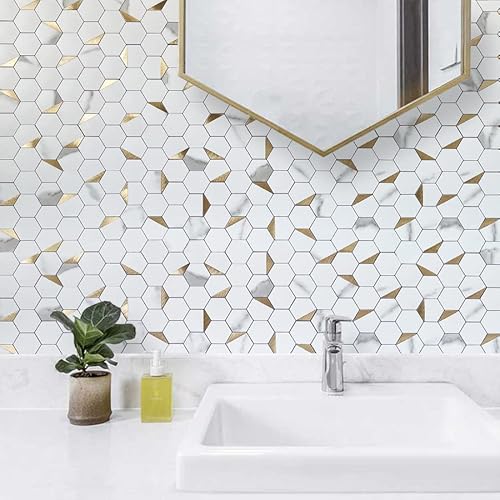 DICOFUN 10-Sheet Hexagon Tile Peel and Stick Backsplash, White Marble ...