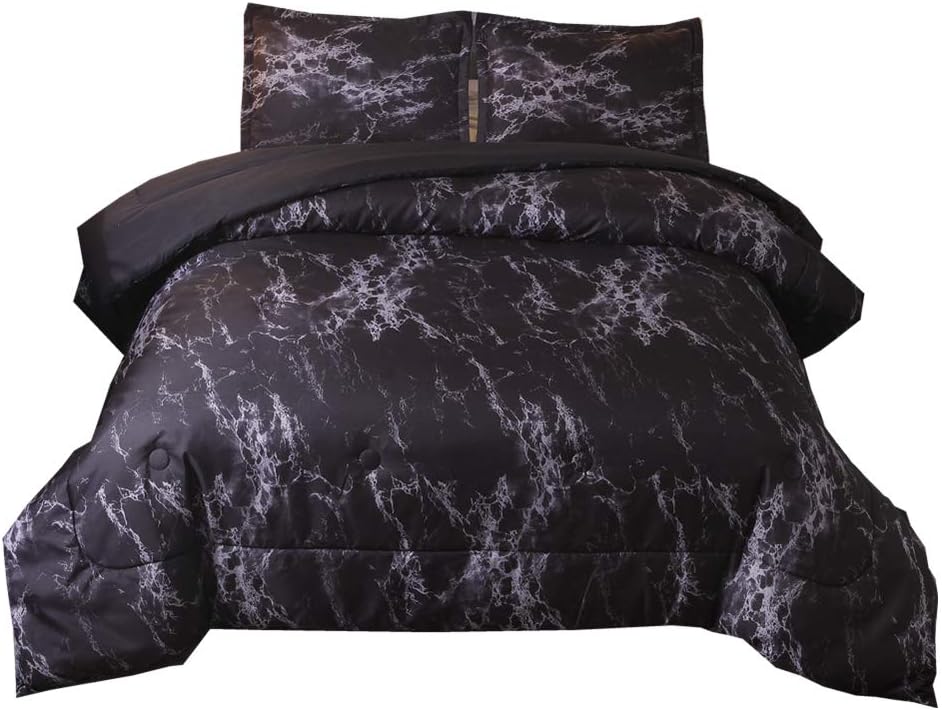 NTBED Black Marble Comforter Sets Queen 3-Pieces Abstract Artwork Lightweight Microfiber Bedding Soft Down Alternative Comforter with 2 Pillow Shams for Man Women Teens Kids