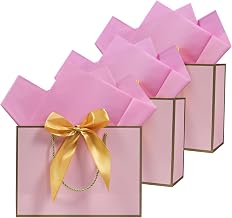 LYINUR 3Pcs Gift Bags for Presents, Medium Gift Bag with 6 Wrappers for Mother's Day Valentines Birthday Wedding Bridesmaid Party Bags for Her Him, 28 x 20 x 10 cm, Pink - Gold