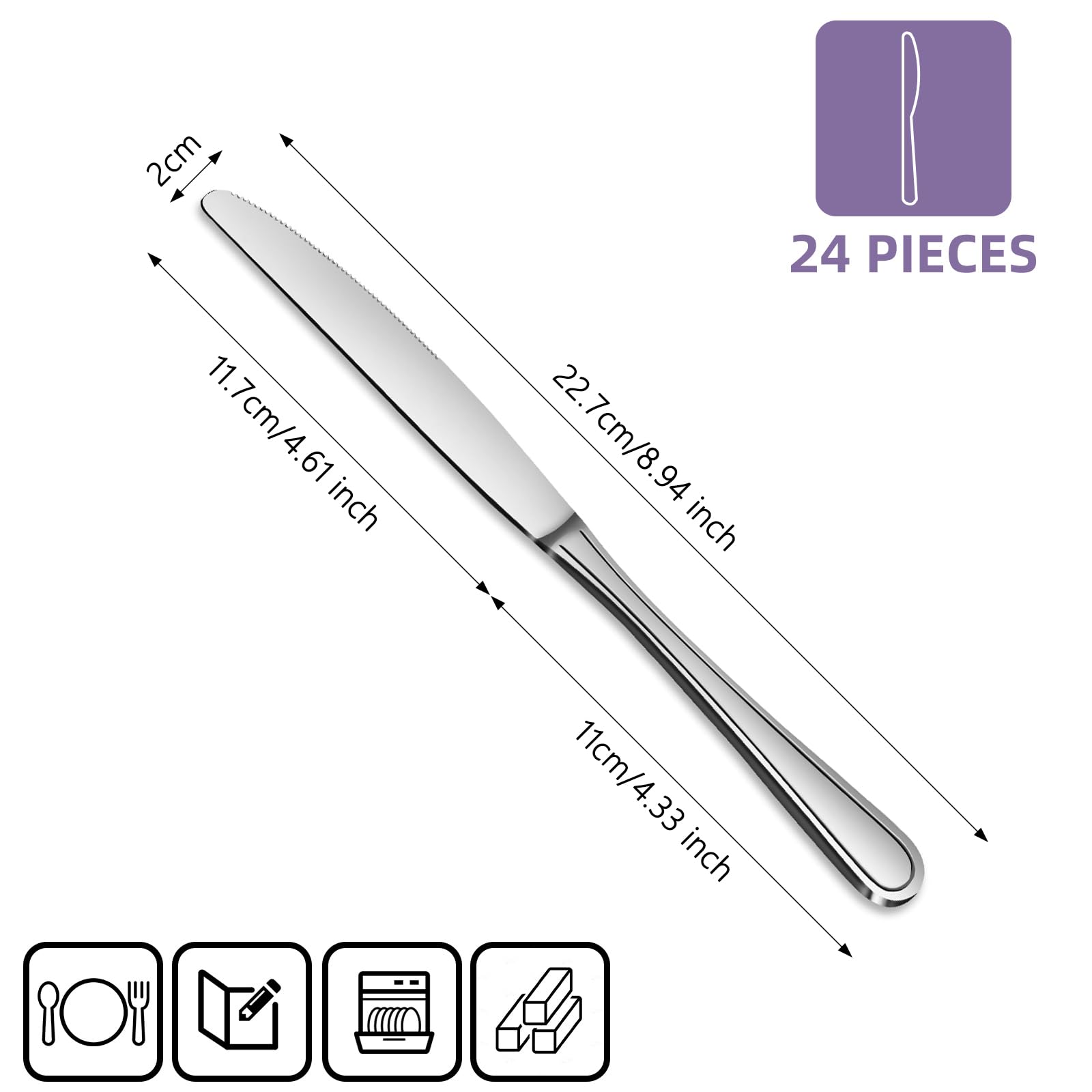 Cuchillo de mesa, cuchillo de mantequilla de acero inoxidable, 24 unidades (22,7 cm, 8,94 pulgadas), juego de cuchillos de desayuno/cuchillo de mantequilla/cuchillo para casa, restaurante,