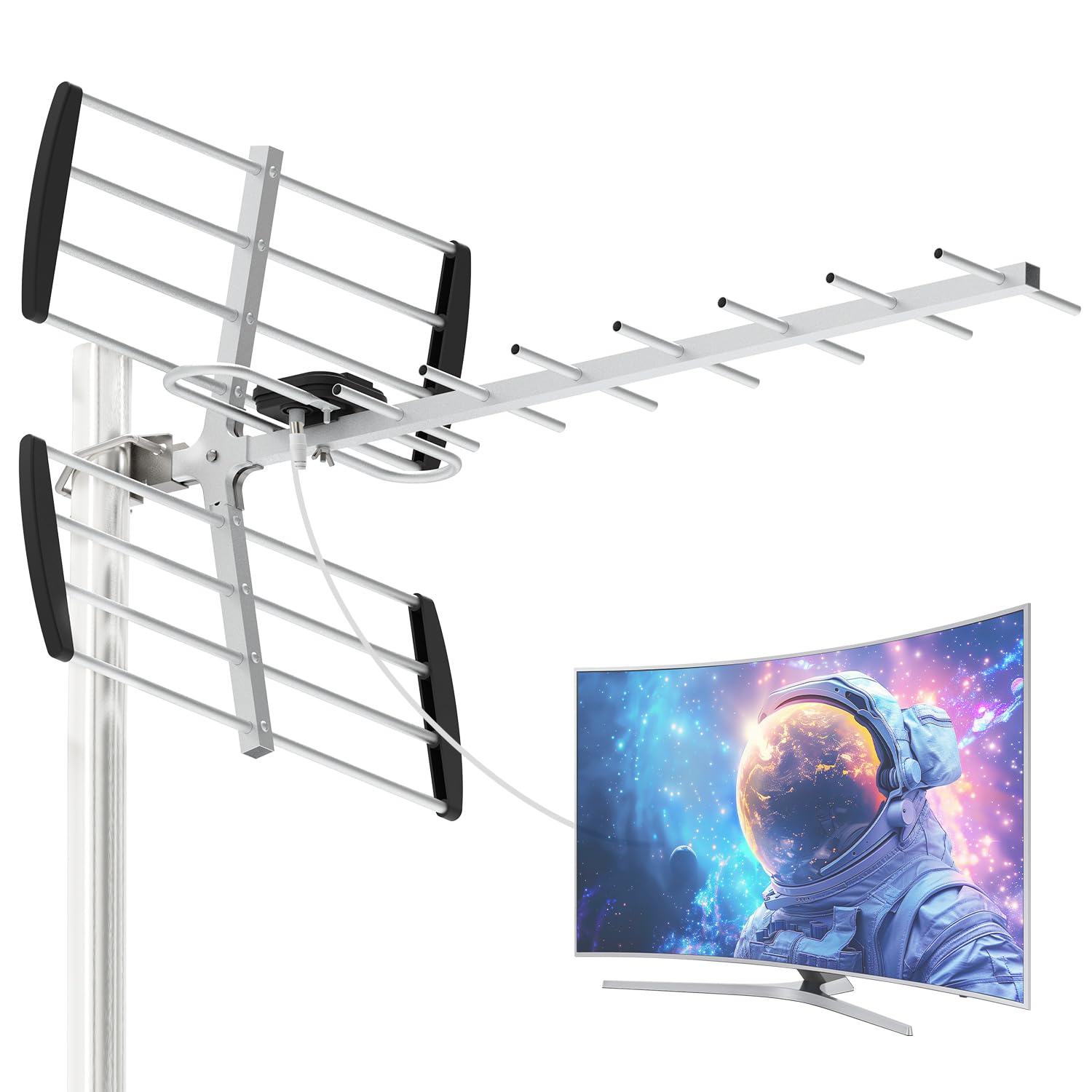 Antena Exterior para TV 2026 - Capta TDT HD en 4K y Full HD sin Cuotas Mensuales - Antena de Larga Distancia (200KM+) con Soporte y Cable 10m - Resistente a Lluvia y Viento (B-ES-09E-black-2604-01)