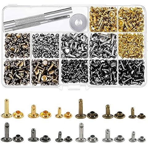 Mesee 420 Sets Leder Nieten Set, Leder Nieten Doppelkappe Nieten, Metall Doppelkappe Rive Metall Ohrstecker Hohlnieten mit 3 Fixing Werkzeug Kit für DIY Lederhandwerk Reparaturen Dekoration Cover