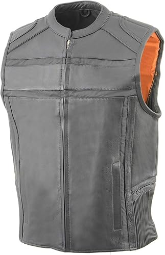 Miniatura 7 de Milwaukee Leather MLM3560 - Chaleco de cuero negro para hombre, con ribete reflectante, cintura elástica, cuello abierto, chaleco de motocicleta
