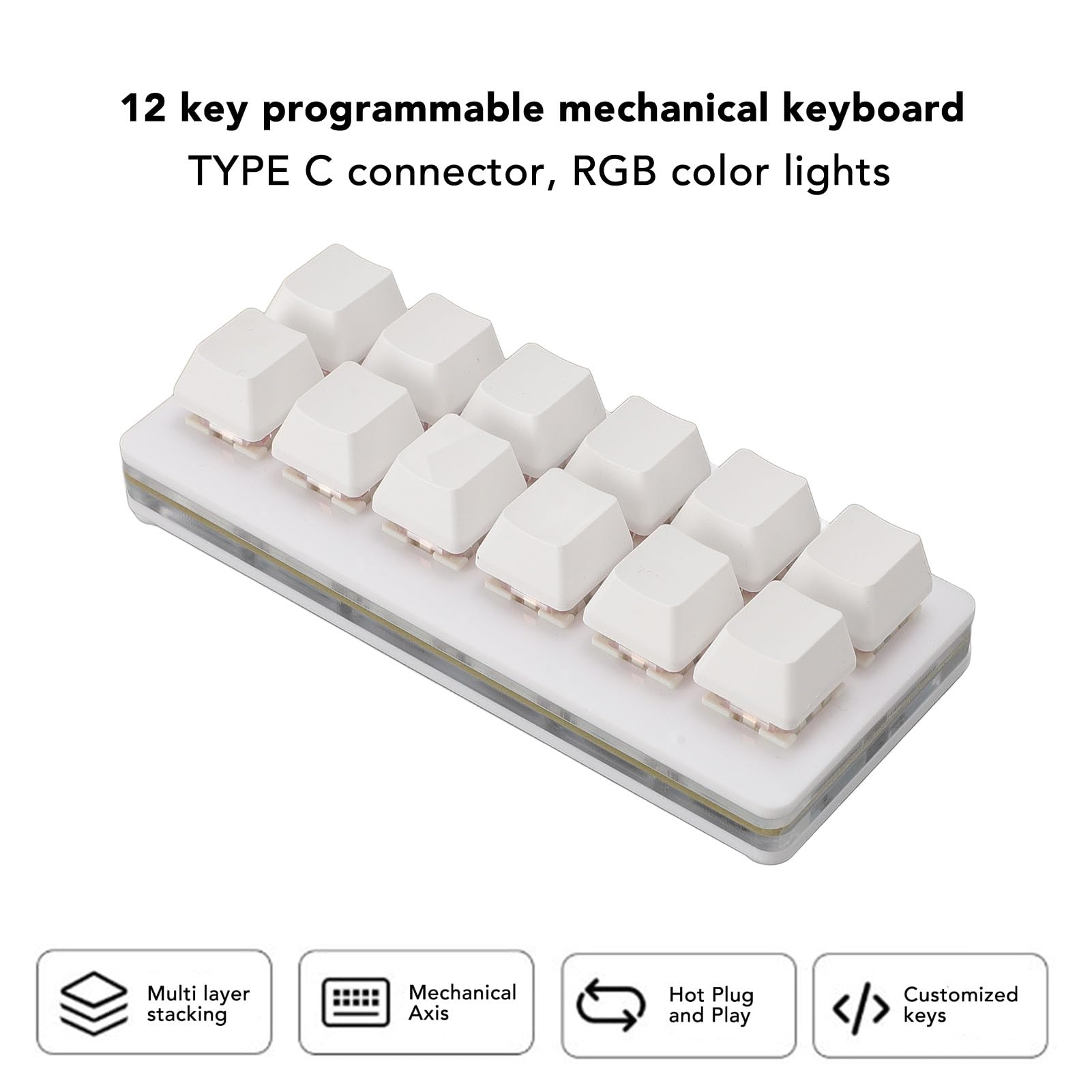Zunate Mini Tastiera USB a 12 Tasti con Macro Programmabili, Tastiera da Gioco RGB Personalizzata Programmabile Cablata USB Tipo C con una Mano Tastiera da Gioco Meccanica con (WHITE)