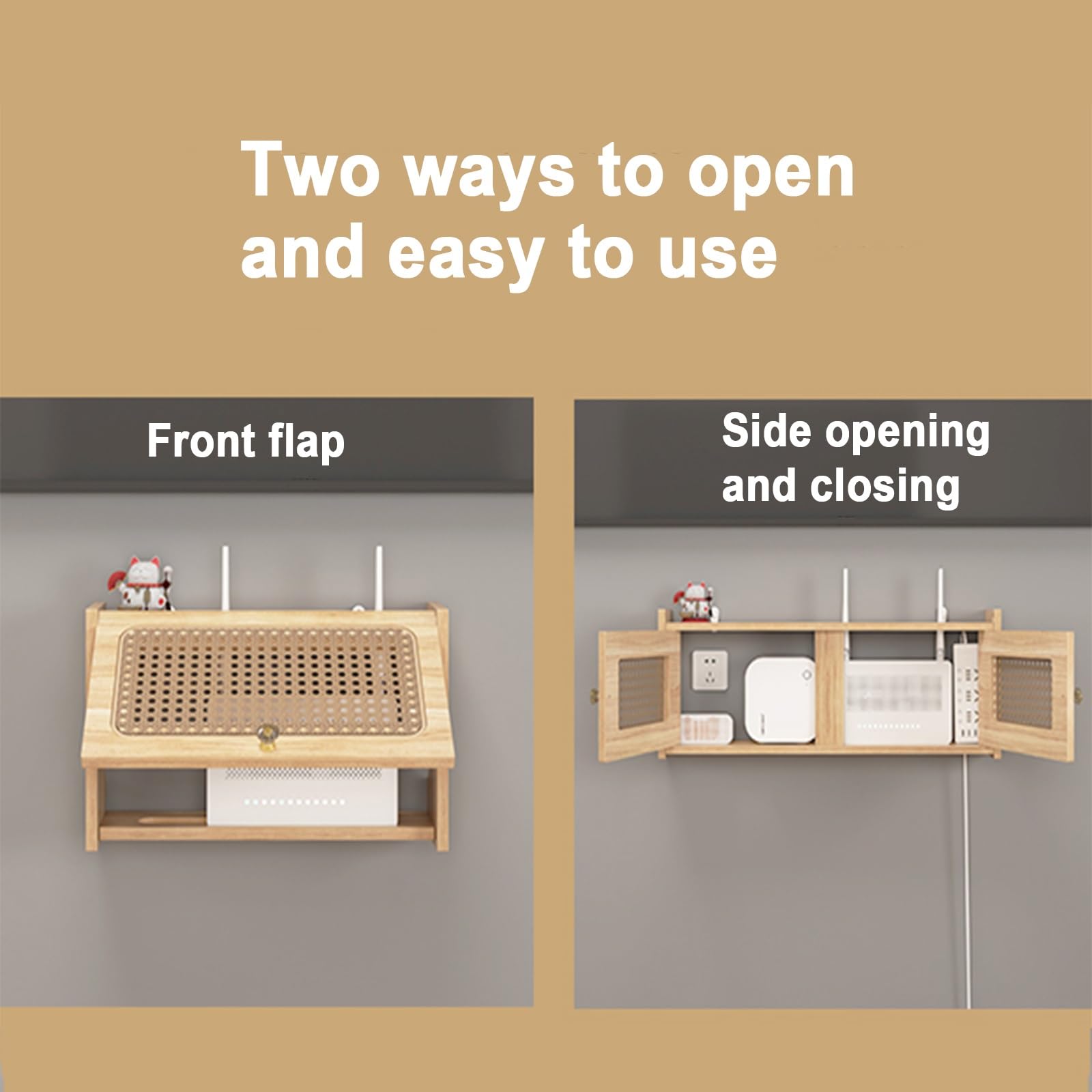 Wandregal Für Router Aus Rattan & Kiefernholz – WiFi Router Aufbewahrungsbox 40 Cm, Versteckt Modem & Kabel
