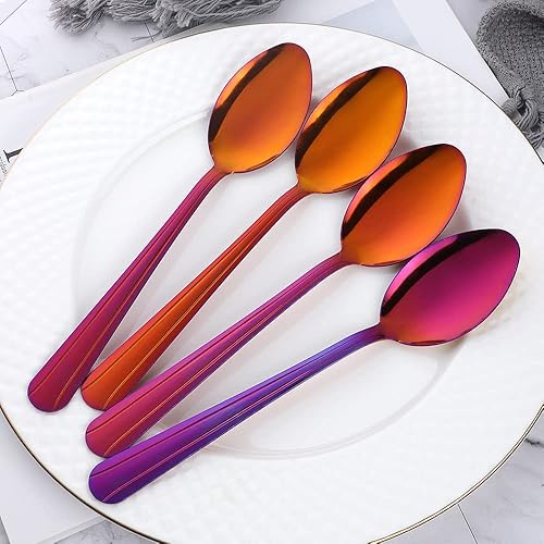 QIBOMOON - Juego de 12 cucharas de cena de acero inoxidable, cucharas de postre para el hogar, cocina o restaurante, 6.9 pulgadas, rojo mágico