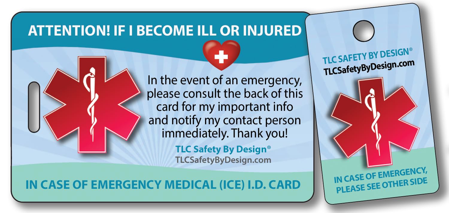 TLC Safety By Design Medical ICE Alert in Case of Emergency I.D. Identification Plastic Wallet Card and Keytag with Emergency Contact Call Card (Qty. 1)