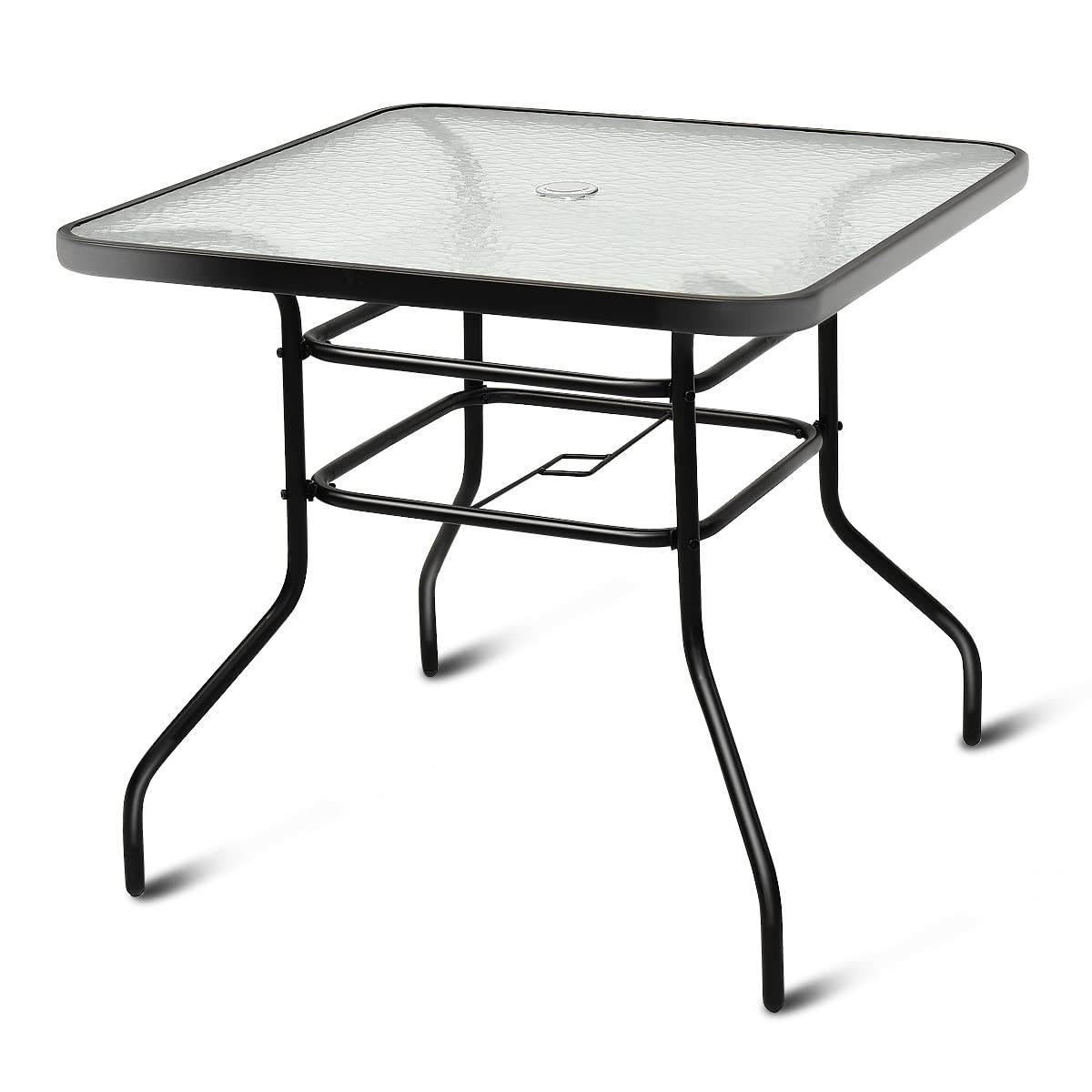 TANGZON Garden Dining Table with Parasol Hole, Tempered Glass Top Steel Frame Patio Table with Bottom Holder, Outdoor Coffee Bistro Table for Balcony Backyard Poolside (Square, 80 x 80 x 70cm)