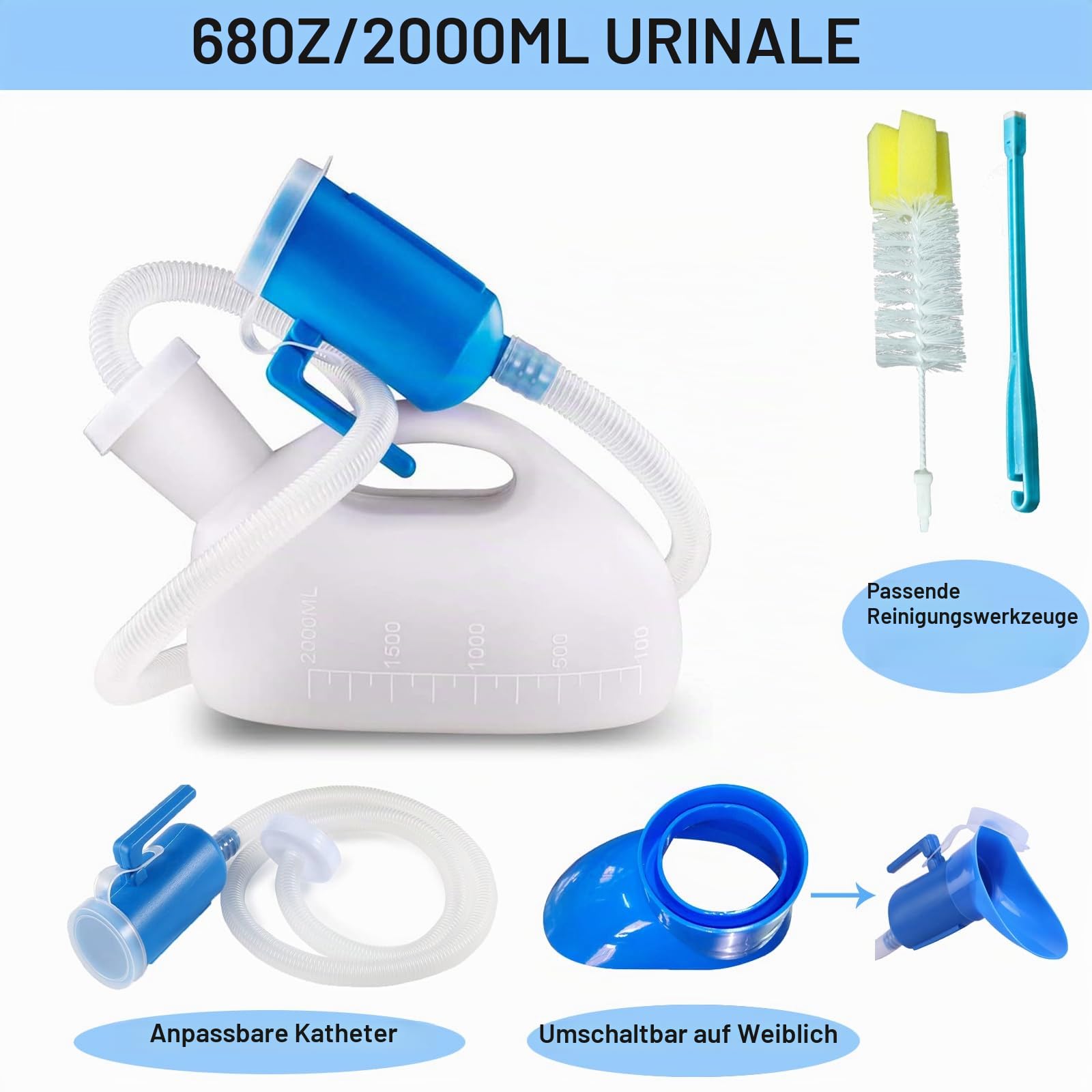 2000ML Urinflaschen Unisex mit Halterung, Auslaufsicherer Deckel und Schlauch, Tragbare Urinalflasche für Männer Frauen mit Reinigungsbürste für Behinderte, ältere, Auto, Camping, Weiß