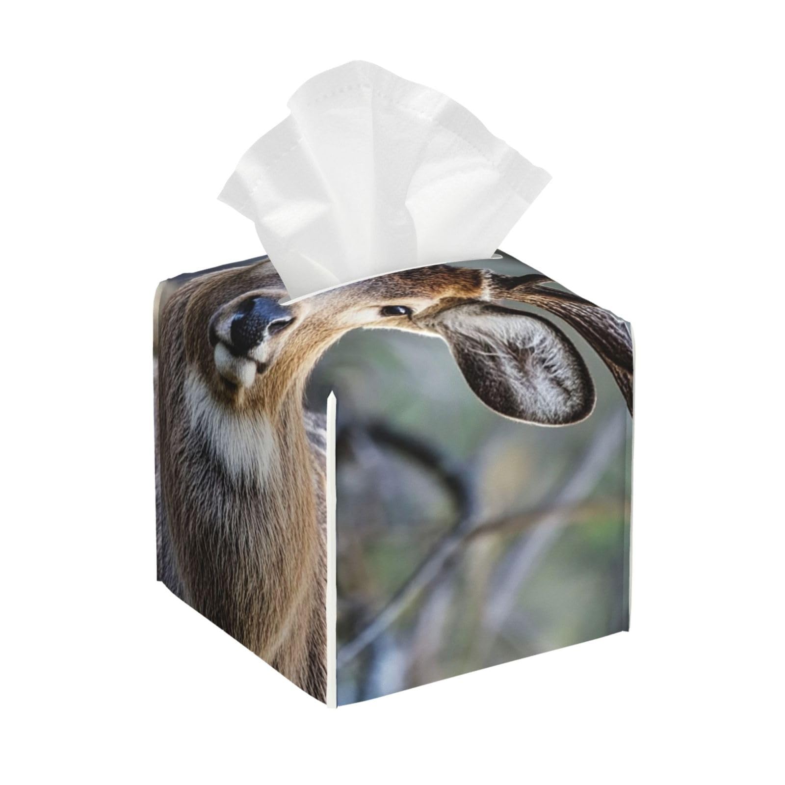 Pu Leather Cube Tissue Box Holders Modern Waterproof Square Tissue Box Cover Antlers Facial Paper Holder for Bathroom Kitchen Nightstand Office Home Decor