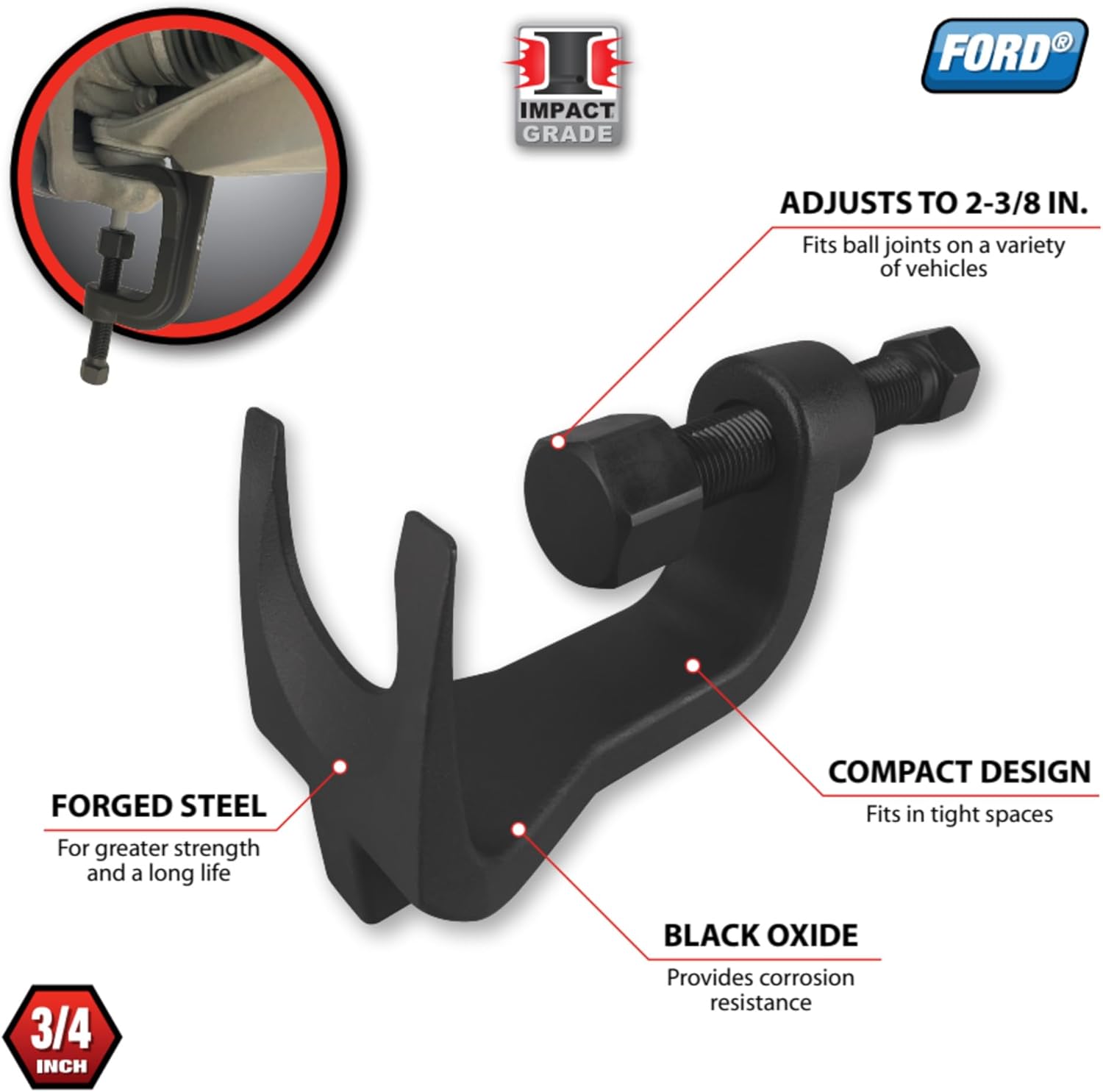 Performance Tool W83051 Low-Profile Ball Joint Separator, Forged Steel, 2-3/8 in. Jaw, Black