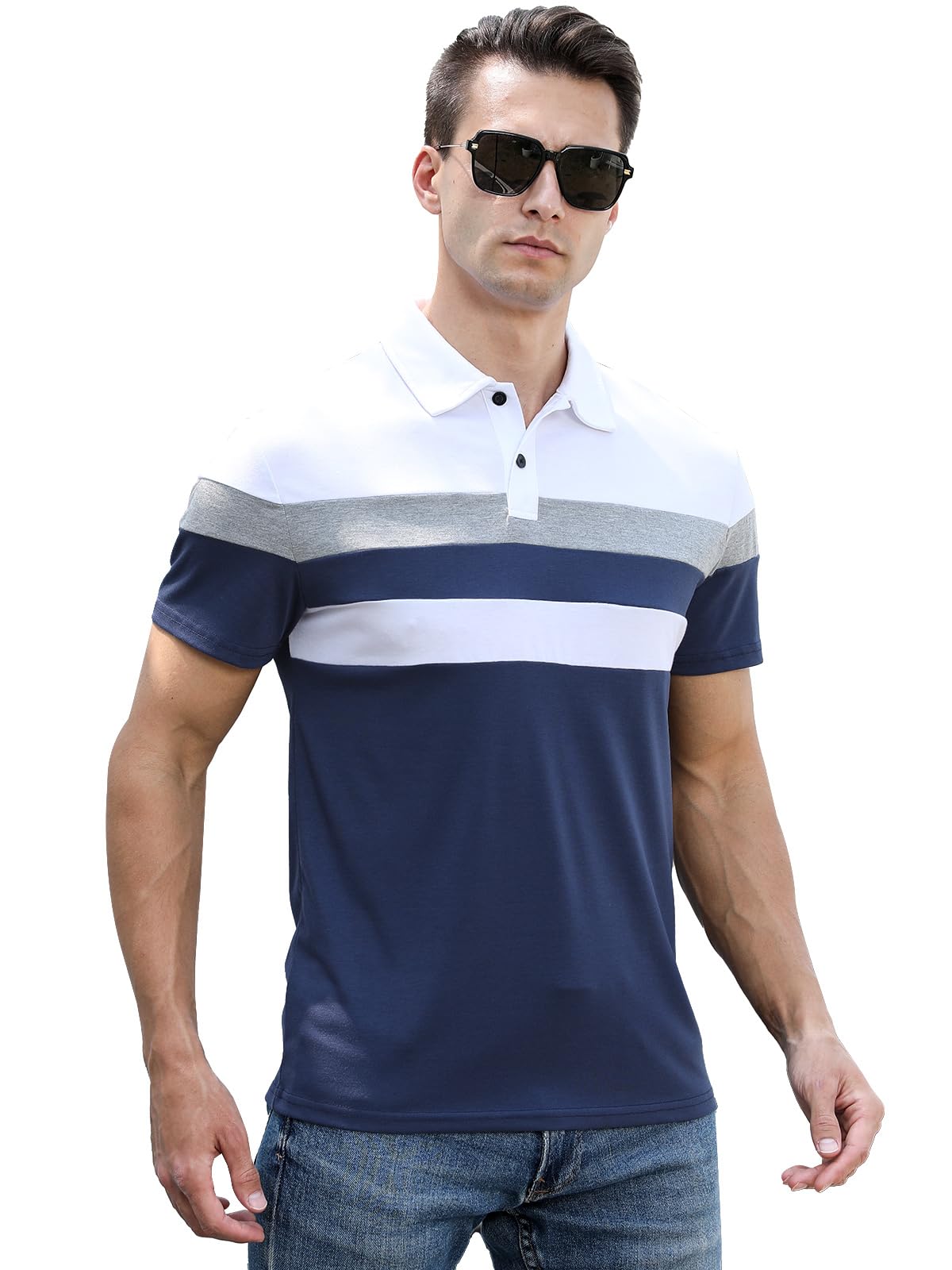 Polo Homme Manches Courtes Polos T Shirt à Rayures Poloshirt Été Casual Couleur Contrastée