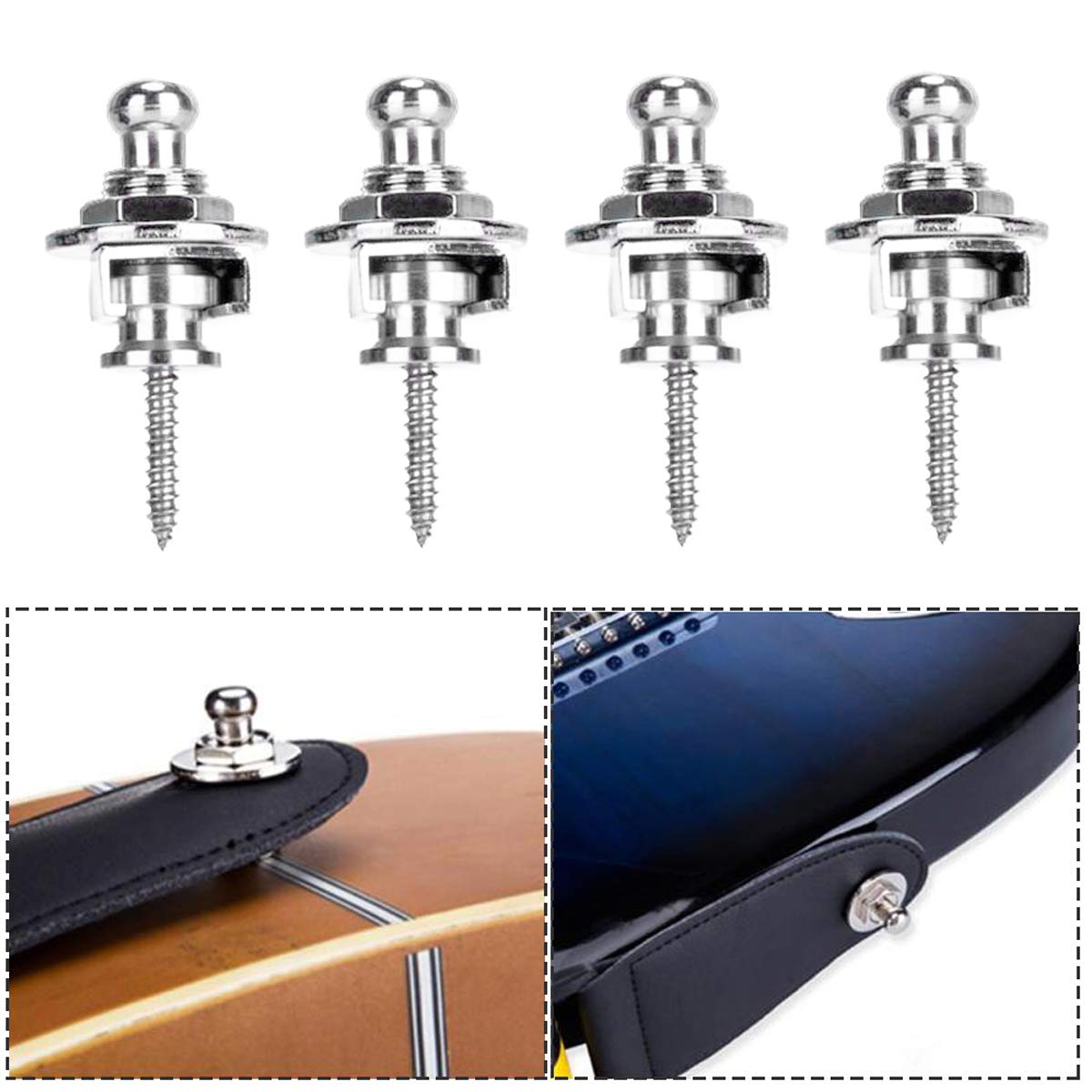 4pcs Fixations Pour Sangle de Guitare Argent Guitare Sangle Strap Locks Boutons Attache-Courroie Pour Guitare et Basse Accessoire à Tête Ronde Mécaniques de Verrouillage Chromées
