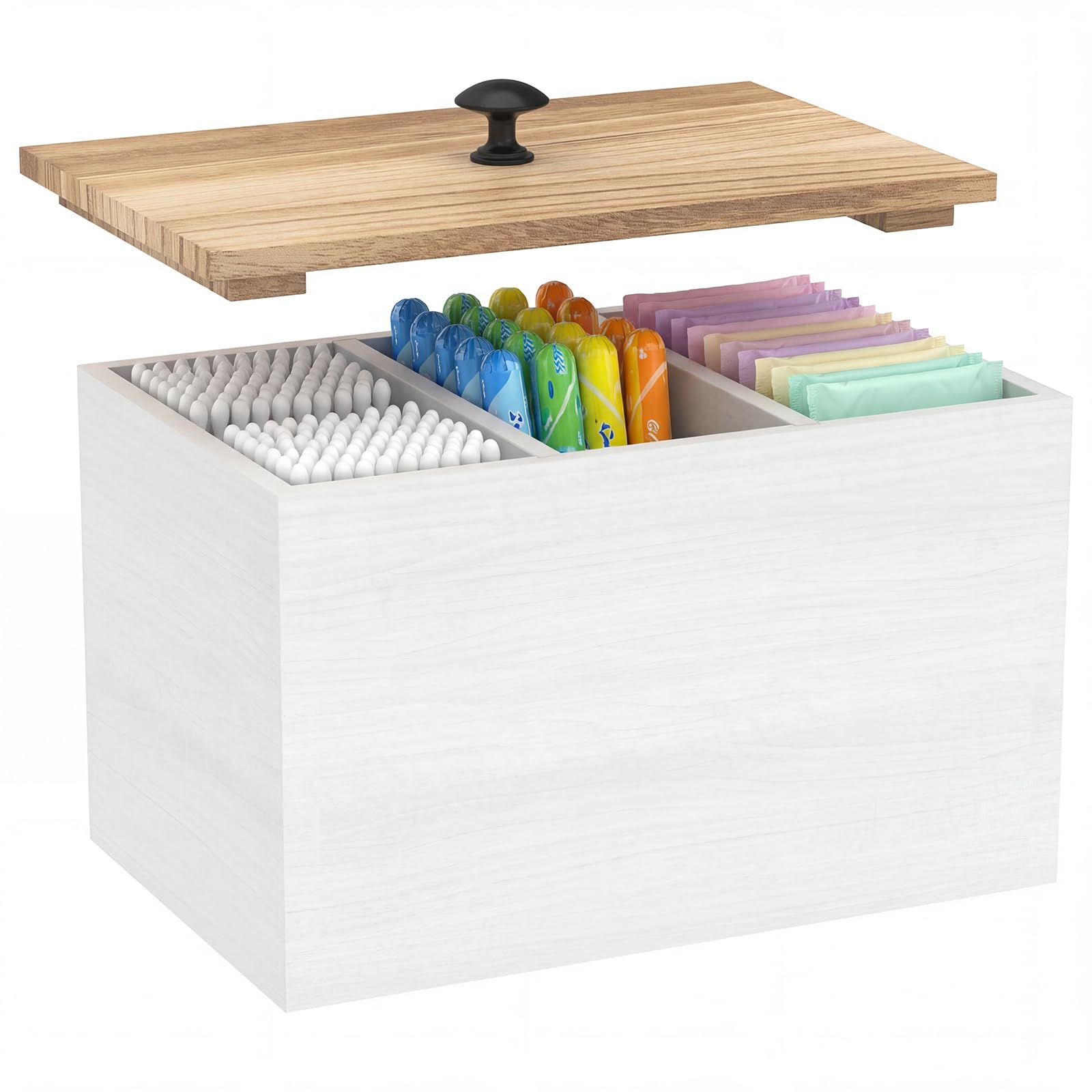 Wooden Bathroom Storage Box with Lid, Rustic Tampon Holder Discreet Feminine Care Organiser for Tampons, Sanitary Towels & Cotton Pads, Stylish Girl Pleriod Box with Removable Compartments(White)