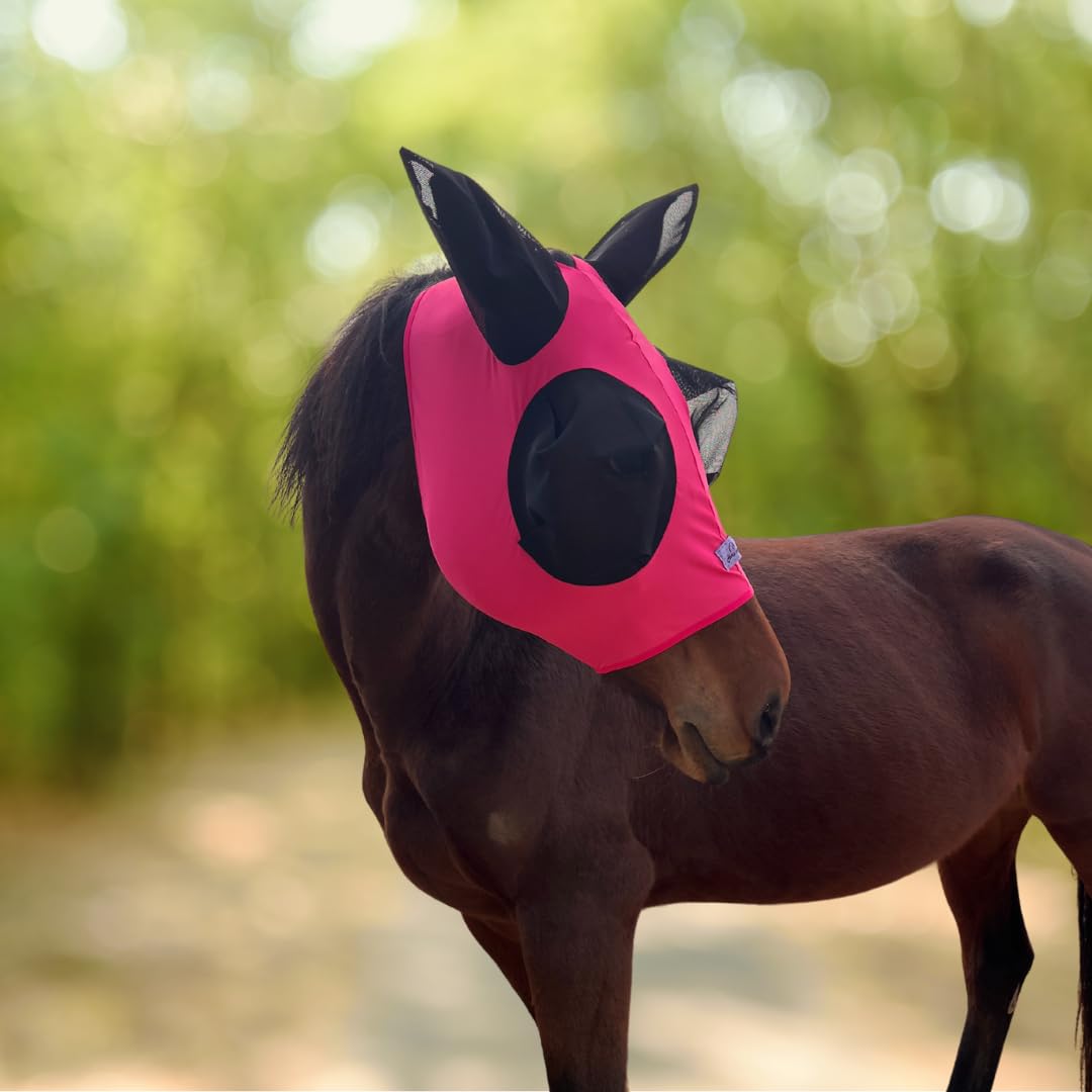 Dehnbare Pferdefliegenmaske mit extra großer Augen- und Mähnenöffnung - weiche, atmungsaktive Fliegenmaske für Pferde, verwicklungsfreies Design, verbesserte Sichtbarkeit (Fuchsia, Cob