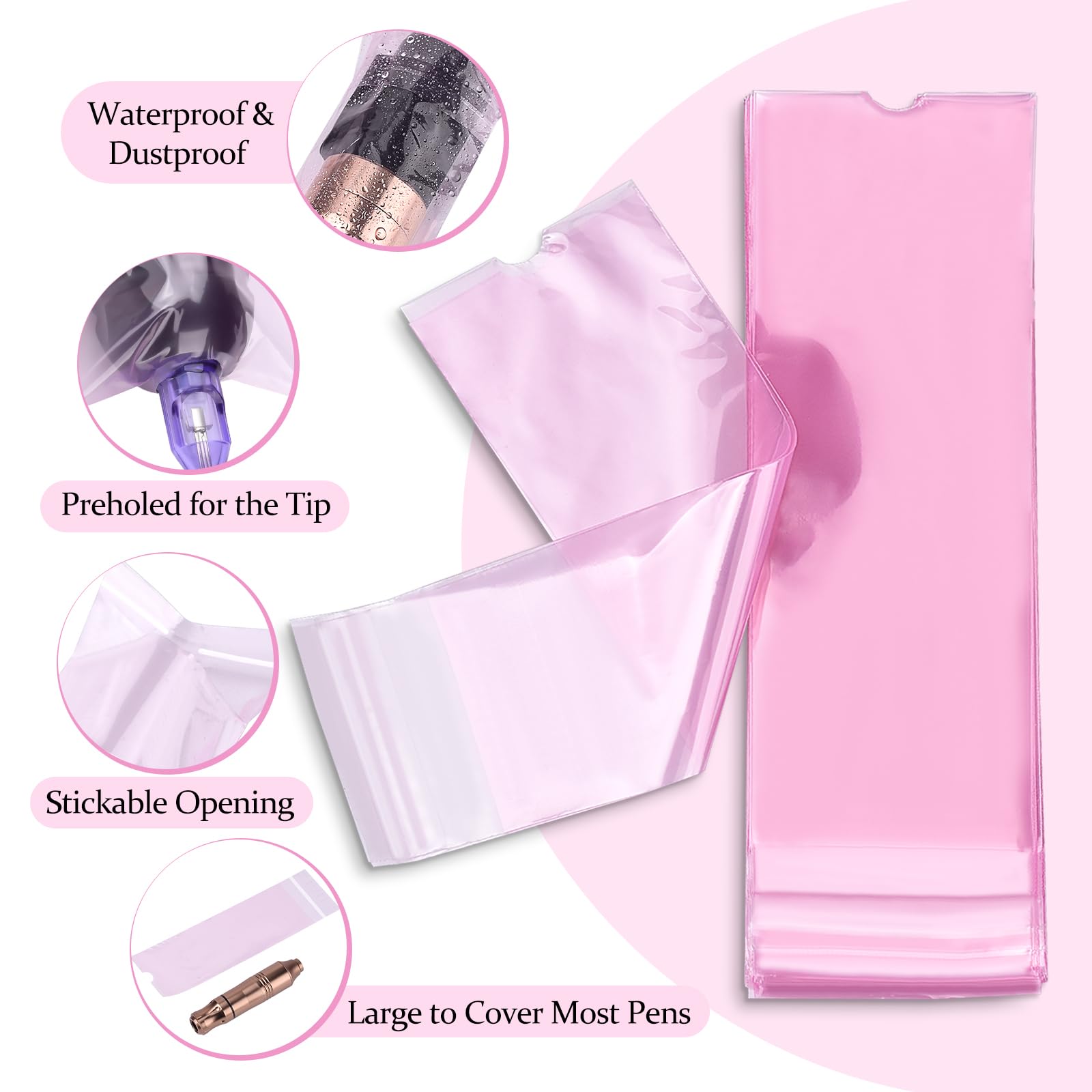 BAMTTOO 200pcs Tattoo Machine Covers Large Self Sealing Tattoo Pen Covers 2.5x8.6inch Disposable Cartridge Tattoo Machine Sleeves Bags Tattoo Supplies (Pink - Image 3