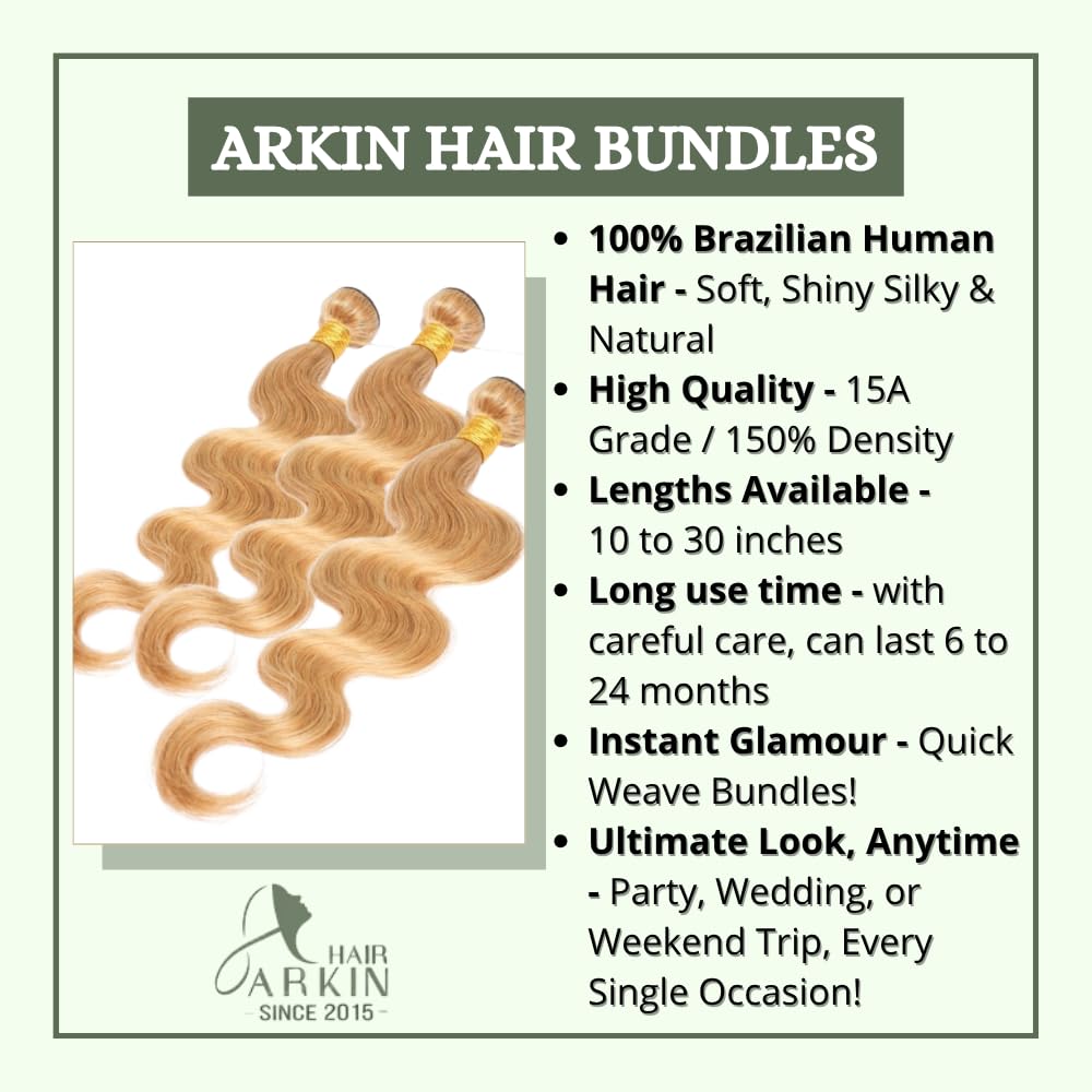 #27 Honey Blonde Human Hair Bundle Body Wave 15A Grade, 100% Unprocessed Brazilian Virgin Human Hair, Soft Double Weft Hair Extensions for Black Women, No Shedding 27 30inch