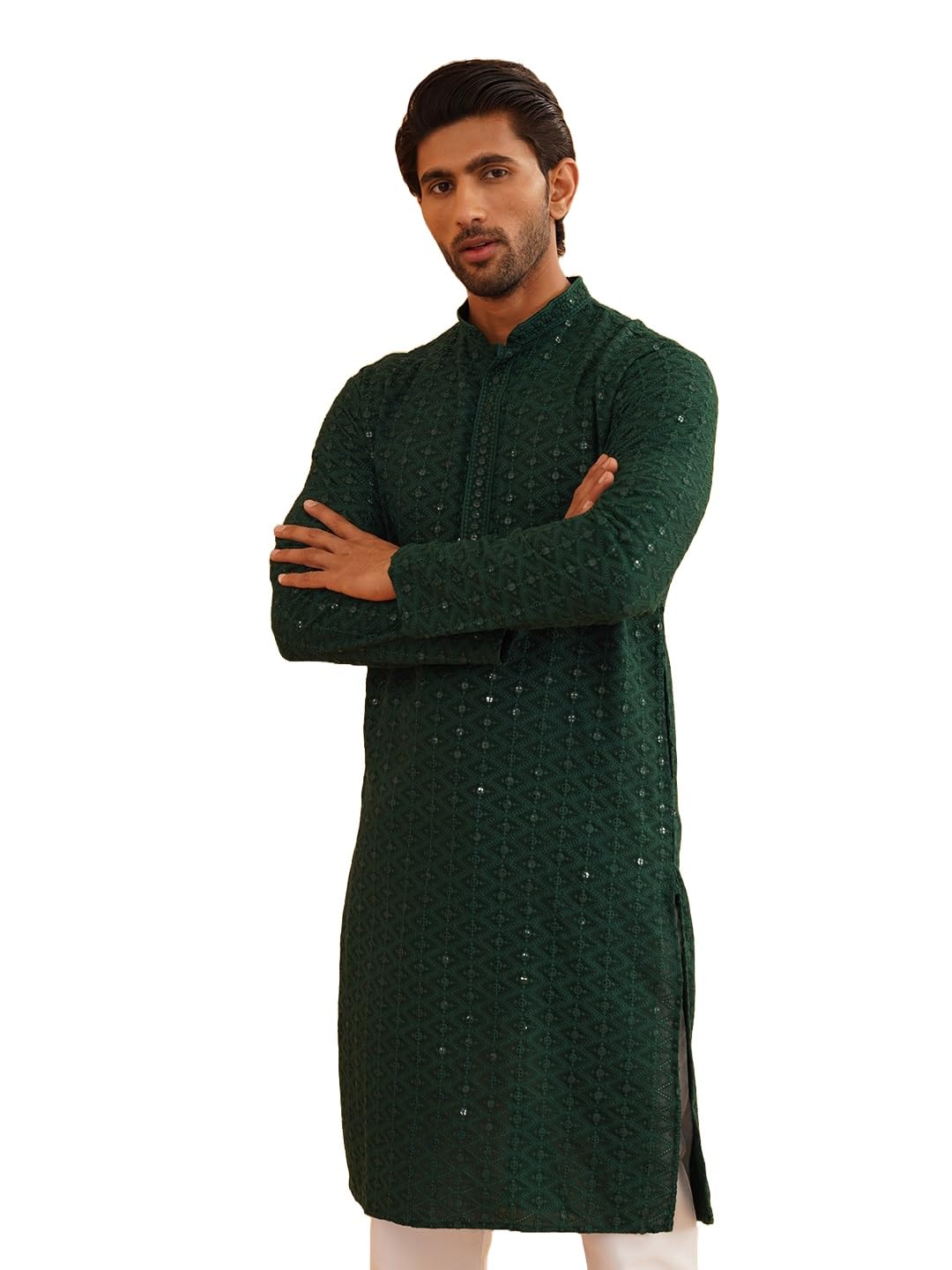 Sojanya (Since 1958 Men's Ethnic Motifs Embroidered Sequinned Green Cotton Long Kurta