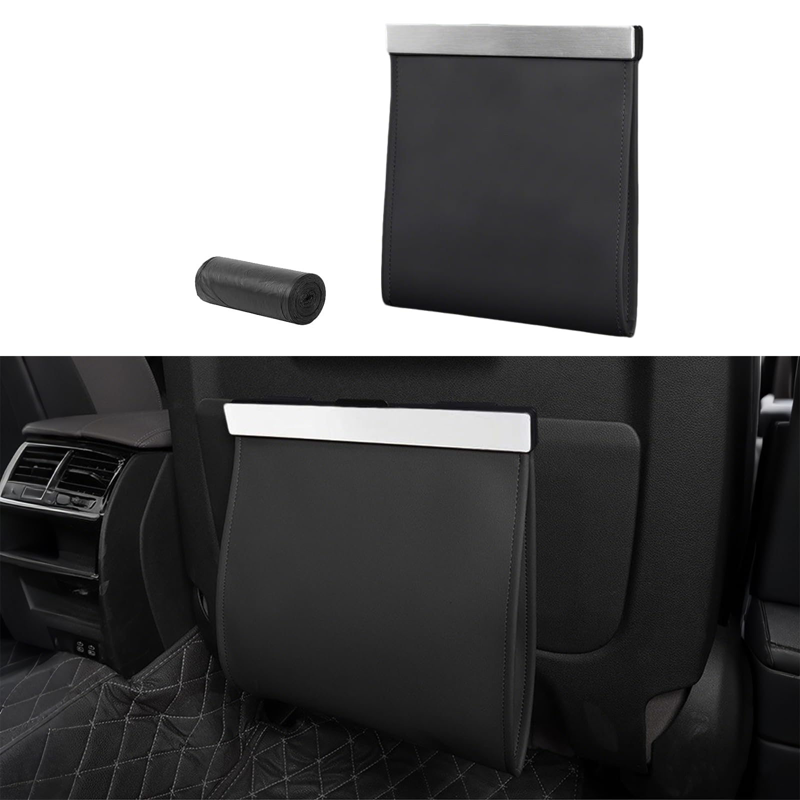 Cestino per Auto in Pelle PU, Pattumiera Auto Piegevole con 12 Sacchetti,Installazione Facile su Sedile e Portiera, Per SUV, Camion, Accessori Auto Interni