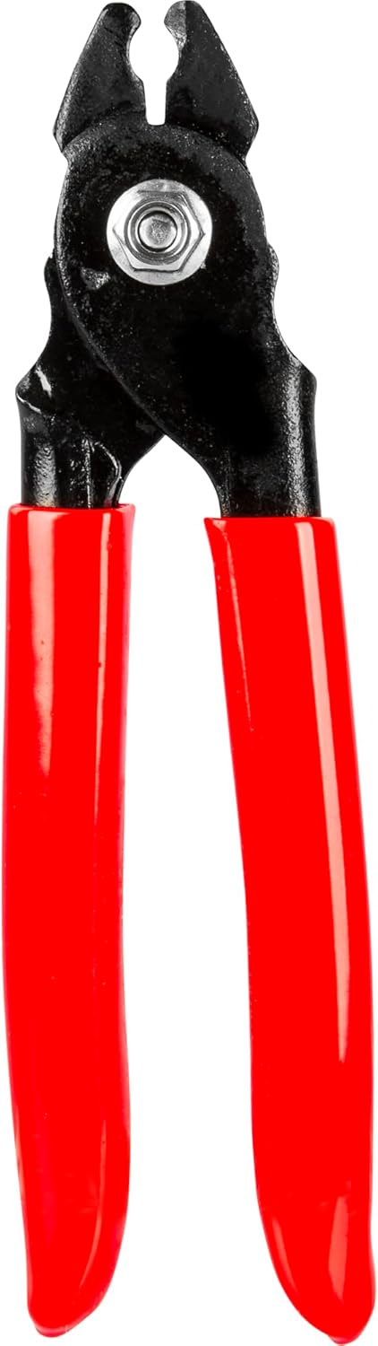 Close-up view of the Browin 313313 Sausage Clipper, showing its red handles and black metal jaws.