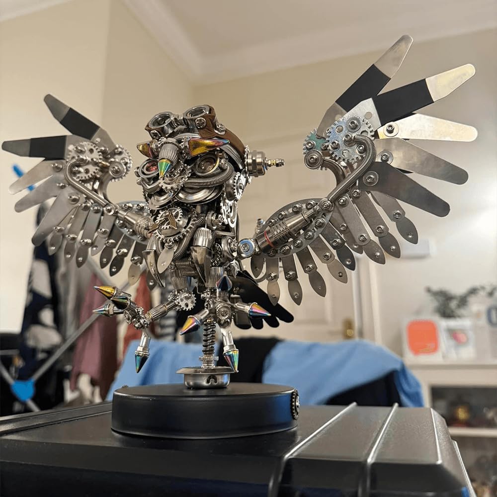 Kit de puzzle 3D en métal Steampunk Hibou – Plus de 700 pièces à faire soi-même avec lunettes et lumière | Sculpture d'animaux mécaniques en acier inoxydable pour adultes cadeau et affichage