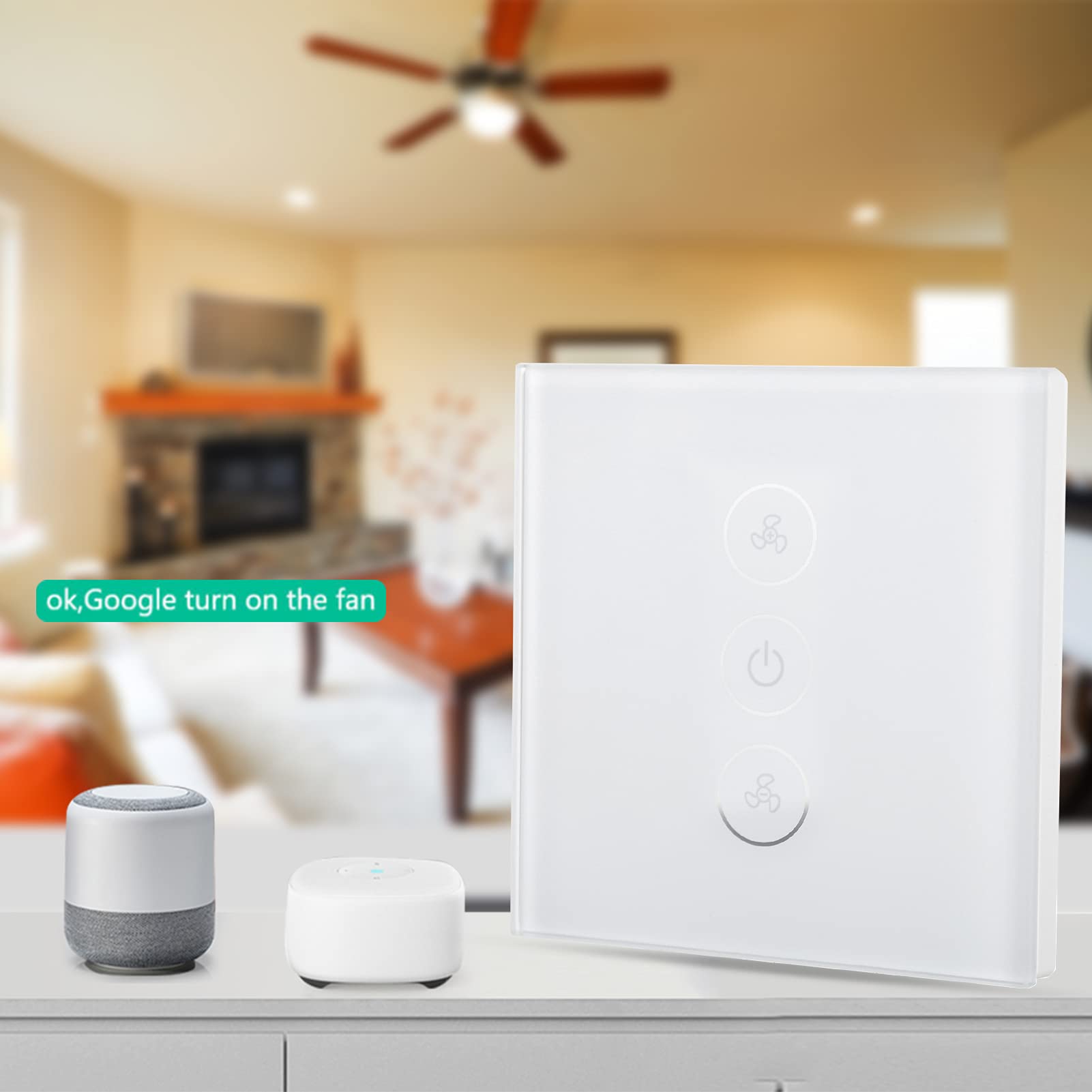 WiFi-Lüfterschalter, intelligenter WiFi-Dimmer-Lüfterschalter, kabelloser Timer, Sprach-App-Steuerung für Tuya 100‑240 V, 50/60 Hz (Weiß)
