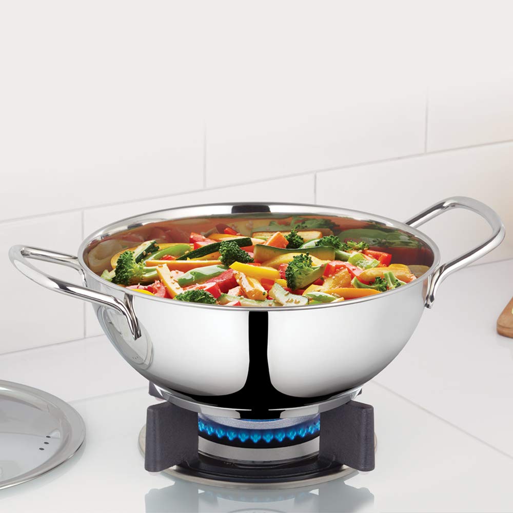 Borosil Stainless Steel Deep Kadhai with Lid, Impact Bonded Tri-Ply Bottom, 2.8 L, Silver - Image 2 thumbnail