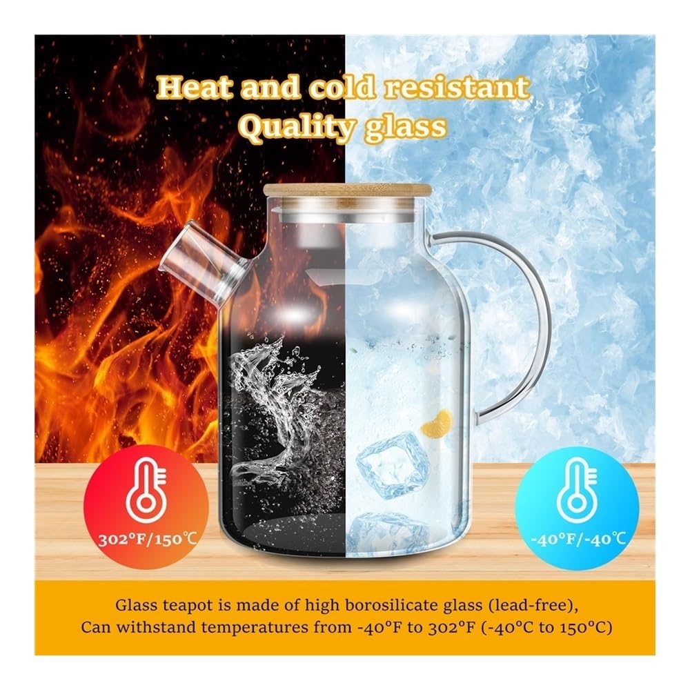 Jarra de agua Jarra de vidrio con tapa de bambú, 1800 ml, resistente al calor, con asa, ideal for bebidas frías y calientes Olla de vidrio